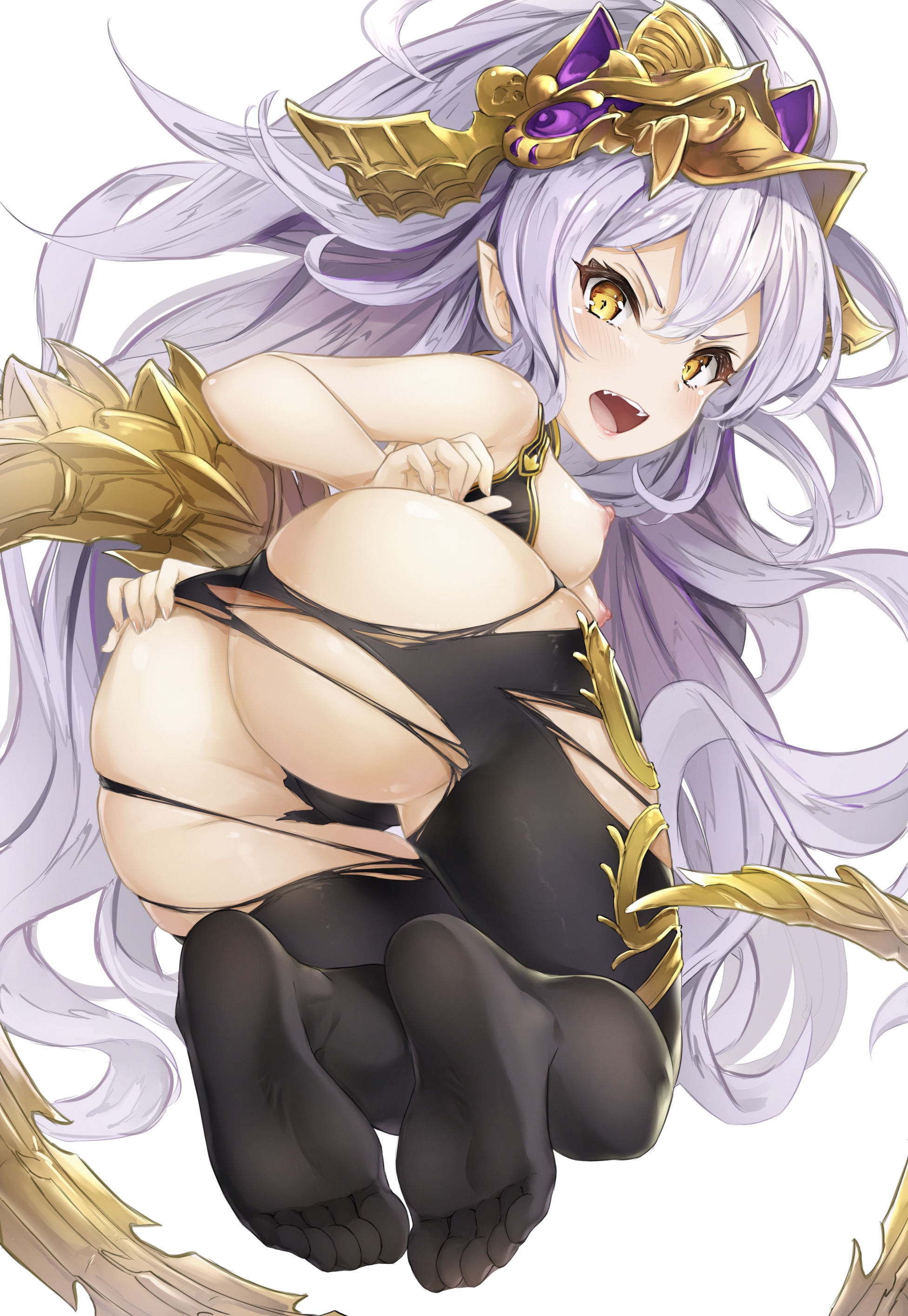 absurdres, ass, blush, breasts, breasts out, feet, female, from behind, granblue fantasy, hair between eyes, headpiece, highres, hyouta (yoneya), lavender hair, long hair, looking at viewer, looking back, medusa (shingeki no bahamut), nipples, no shoes, open mouth, pantyhose, pointy ears, red eyes, soles, solo, tail, toes, torn clothes, torn legwear, very long hair, white background