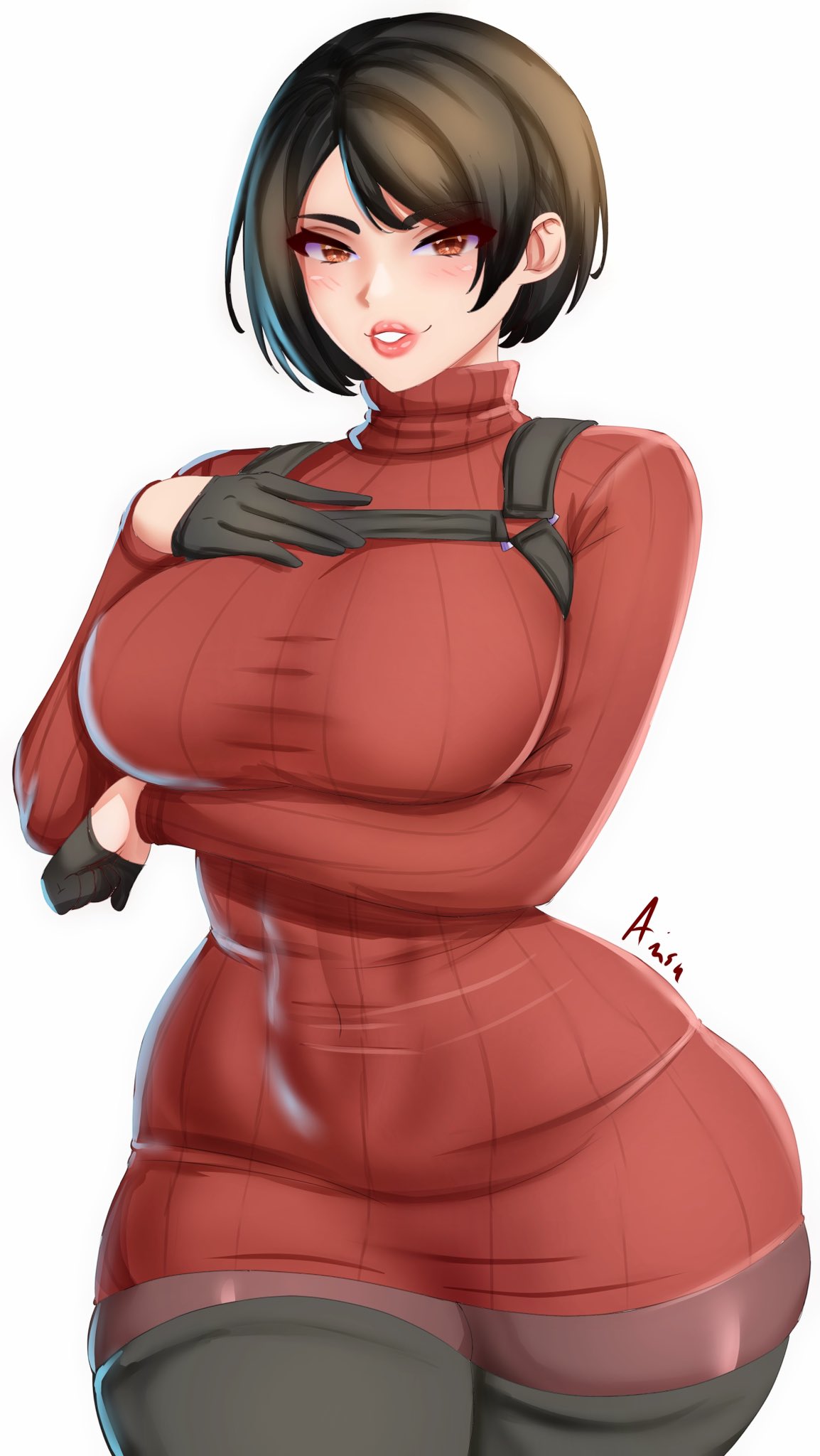 1girls, ada wong, anisdrawn, black gloves, black hair, breasts, brown eyes, capcom, clothed, female, gloves, hi res, light skin, light-skinned female, naughty face, resident evil, resident evil 4, resident evil 4 remake, short hair, smil3, thick thighs, wide hips