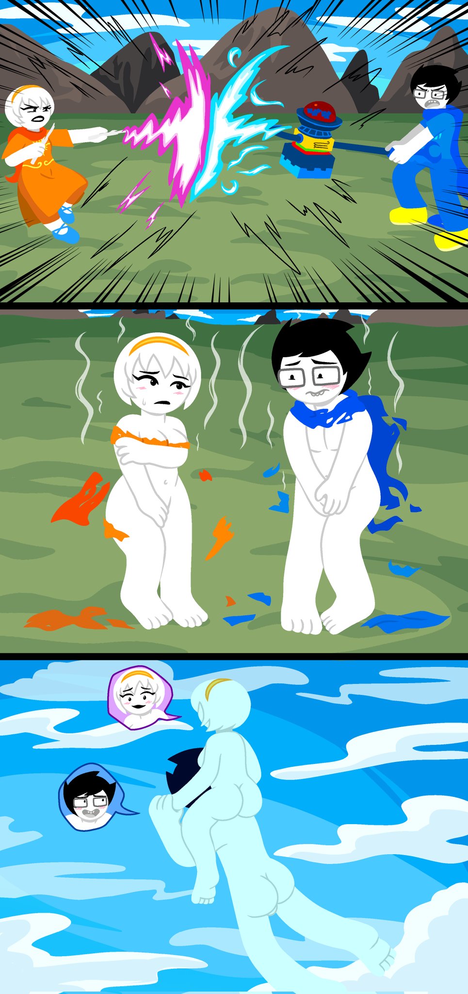 1boy 1girls after_fight black_hair black_hair_male blonde_hair blonde_hair_female destroyed_clothing embarrassed female fight flying glasses homestuck john_egbert lustydrawy male nude nude_female nude_male rose_lalonde short_hair short_hair_female short_hair_male straight torn_clothes white_skin