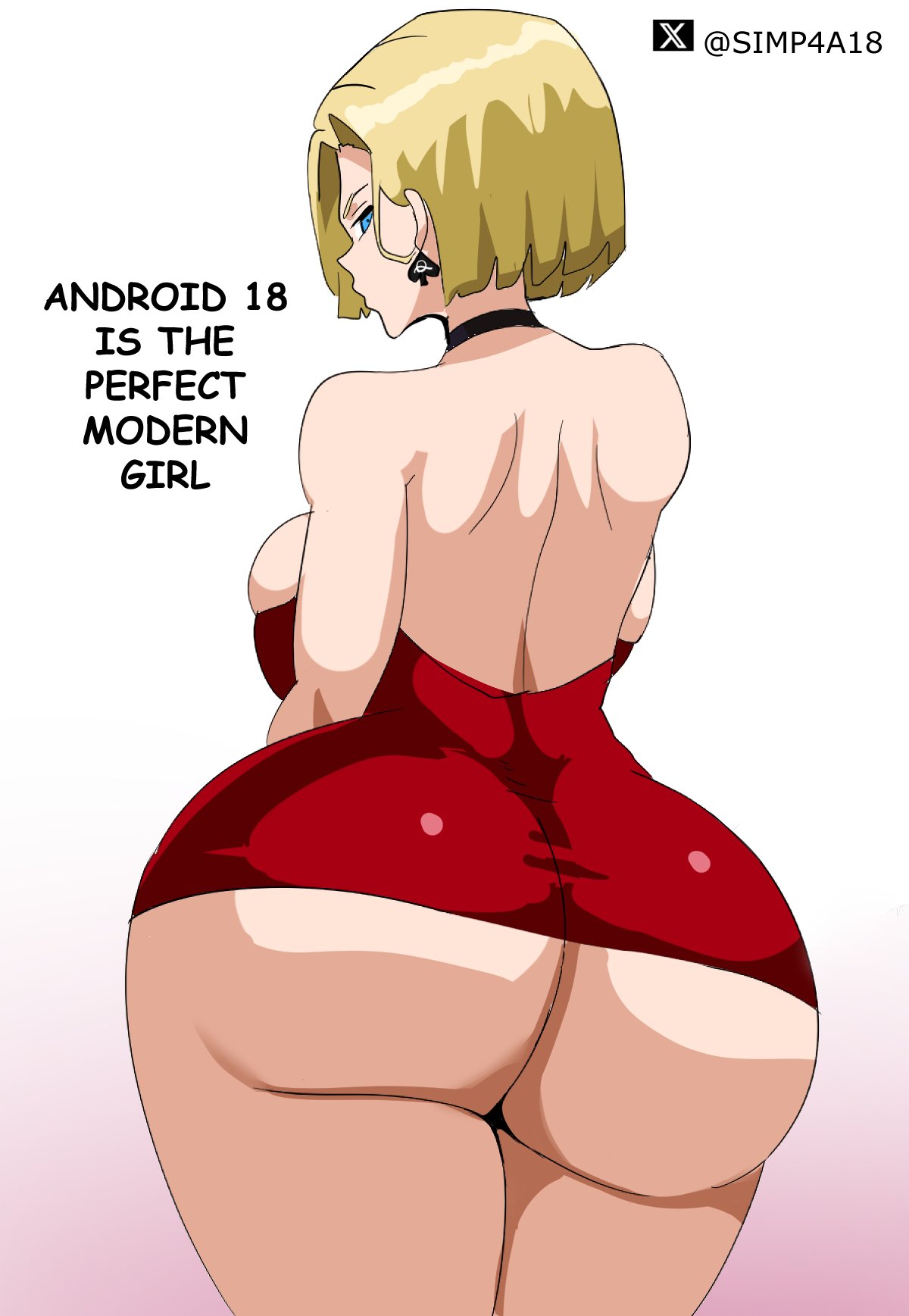 1girls android_18 ass ass_focus ass_grab back back_view big_breasts black_choker blonde_hair blonde_hair_female blue_eyes blue_eyes_female breasts choker cleavage dragon_ball dragon_ball_super dragon_ball_z dress english english_text eyelashes female female_focus female_only huge_ass interracial light-skinned_female light_skin looking_back male medium_hair netorare ntr queen queen_of_spades red_dress short_dress sideboob simp4a18 solo solo_female solo_focus spade_earring spade_earrings strapless strapless_dress text thick thick_ass thick_thighs thighs