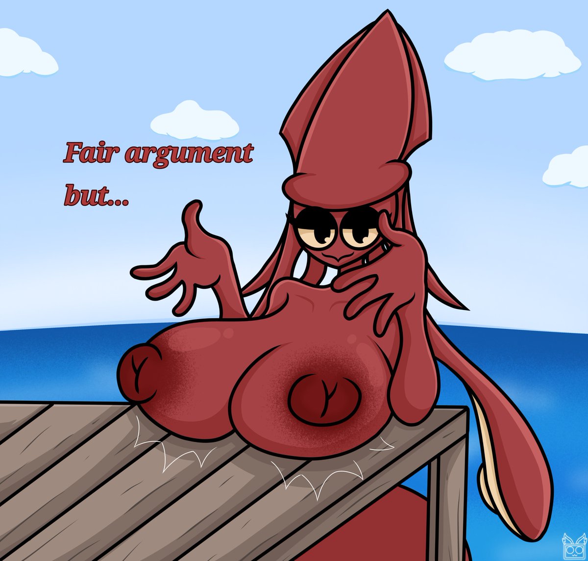 beach big_breasts big_nipples black_eyes fair_argument_(meme) fair_argument_but… female lily_(theyisus55) monster monster_girl nipples oc ocean ocean_background original_character original_characters red_body smile squid squid_girl squid_humanoid theyisus55 water yellow_eyes