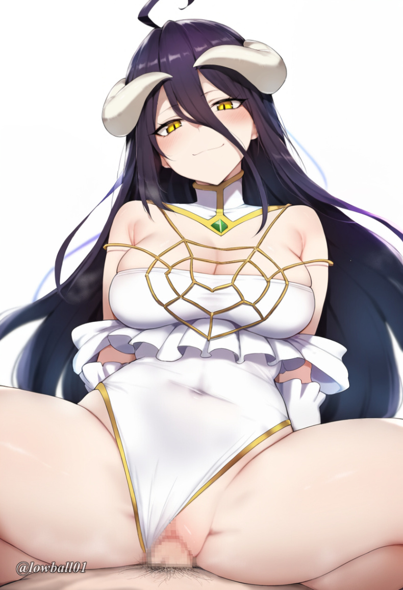 albedo (overlord), black hair, censored, demon, female, looking at viewer, lowball01, male, male pov, overlord (maruyama), pov, pussy, smug, succubus, vaginal penetration, white background, white dress, yellow eyes