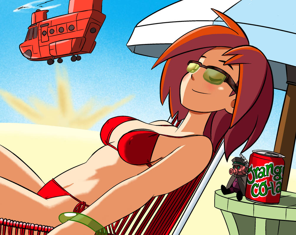 advance_wars advance_wars:_dual_strike bare_arms bare_legs bare_midriff bare_shoulders bare_thighs bikini bikini_bottom bikini_top bracelet can closed_eyes deck_chair deck_chair_position desert ginger ginger_hair green-tinted_eyewear green_bracelet highlights inner_sideboob keyring red_bikini red_bikini_bottom red_bikini_top sami_(advance_wars) short_hair soft_drink sunbathing sunglasses sunglasses_on_face table tinted_eyewear transport umbrella white_umbrella