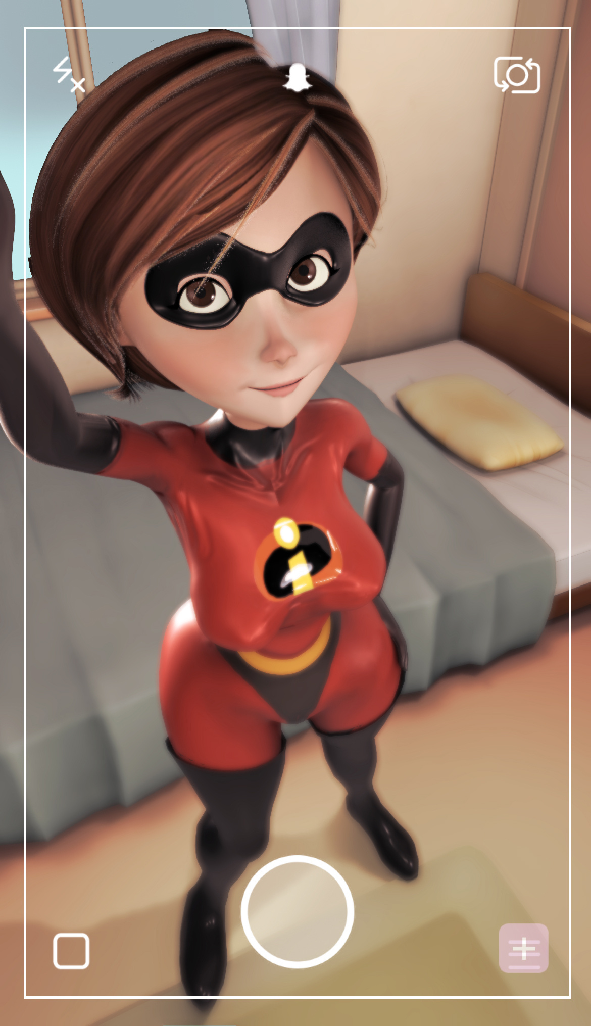 1girls, 3d, black boots, boots, breasts, breasts apart, brown eyes, brown hair, camera, camera view, clothed, clothing, costume, crisisbeat, digital media (artwork), disney, domino mask, elastigirl, elbow gloves, eyewear, female, female only, footwear, fully clothed, gloves, handwear, helen parr, hero casting, hourglass figure, human, looking at viewer, lower body, mask, mature, mature female, milf, nipples visible through clothing, no bra, pixar, selfie, selfie pose, short hair, smooth skin, solo, standing, superhero, superheroine, the incredibles, thigh boots, thighhigh boots, voluptuous, watermark, wide hips