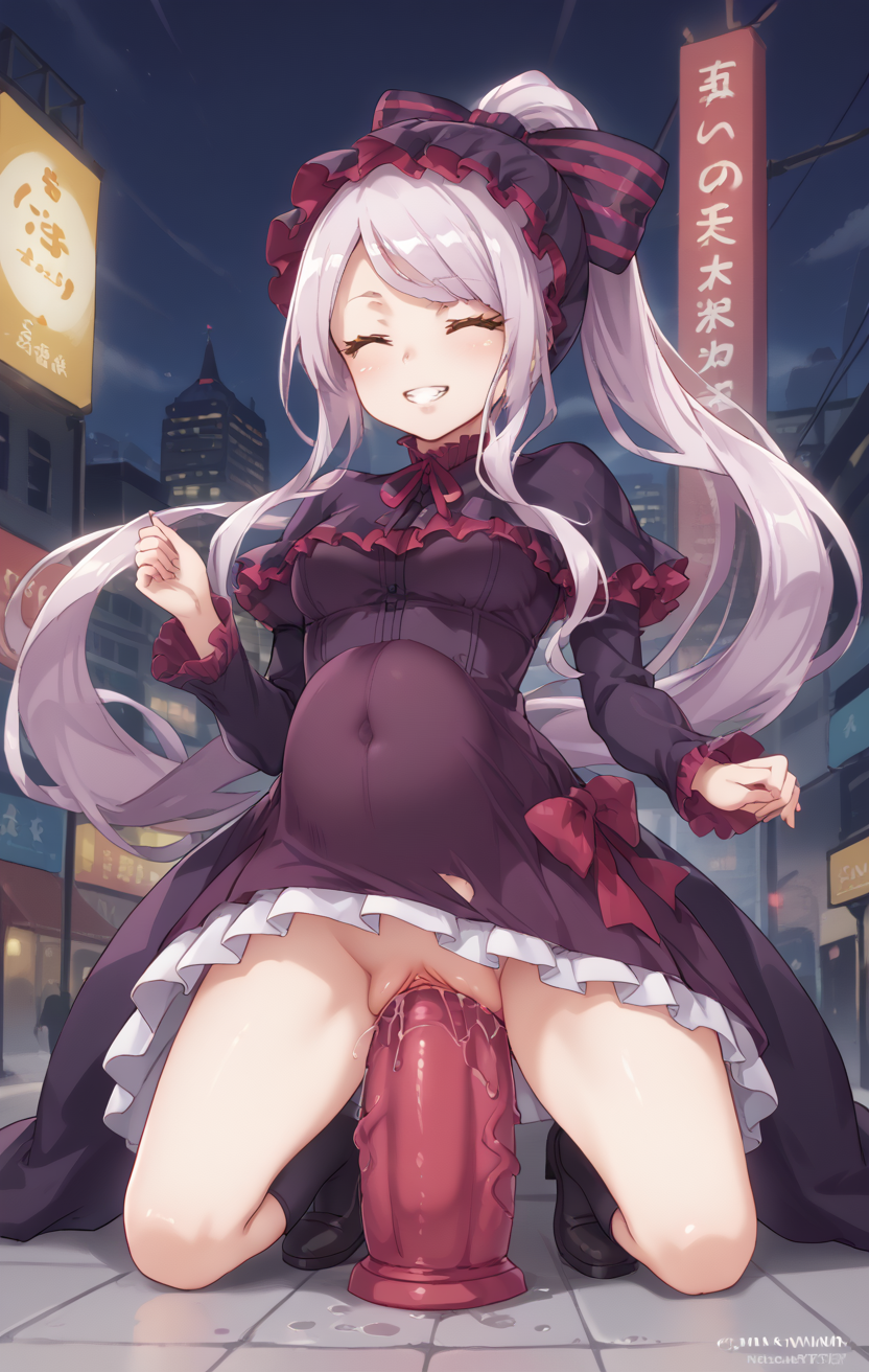 1girls ai_generated belly_bulge cute dildo_sitting dress gothic_lolita grool happy huge_dildo kneeling lolita_fashion masturbation no_panties outdoors overlord_(maruyama) pussy pussy_juice pussy_juice_leaking pussy_juice_on_dildo rengoart sex_toy shalltear_bloodfallen smile solo stomach_bulge too_big uncensored vaginal_insertion vaginal_penetration