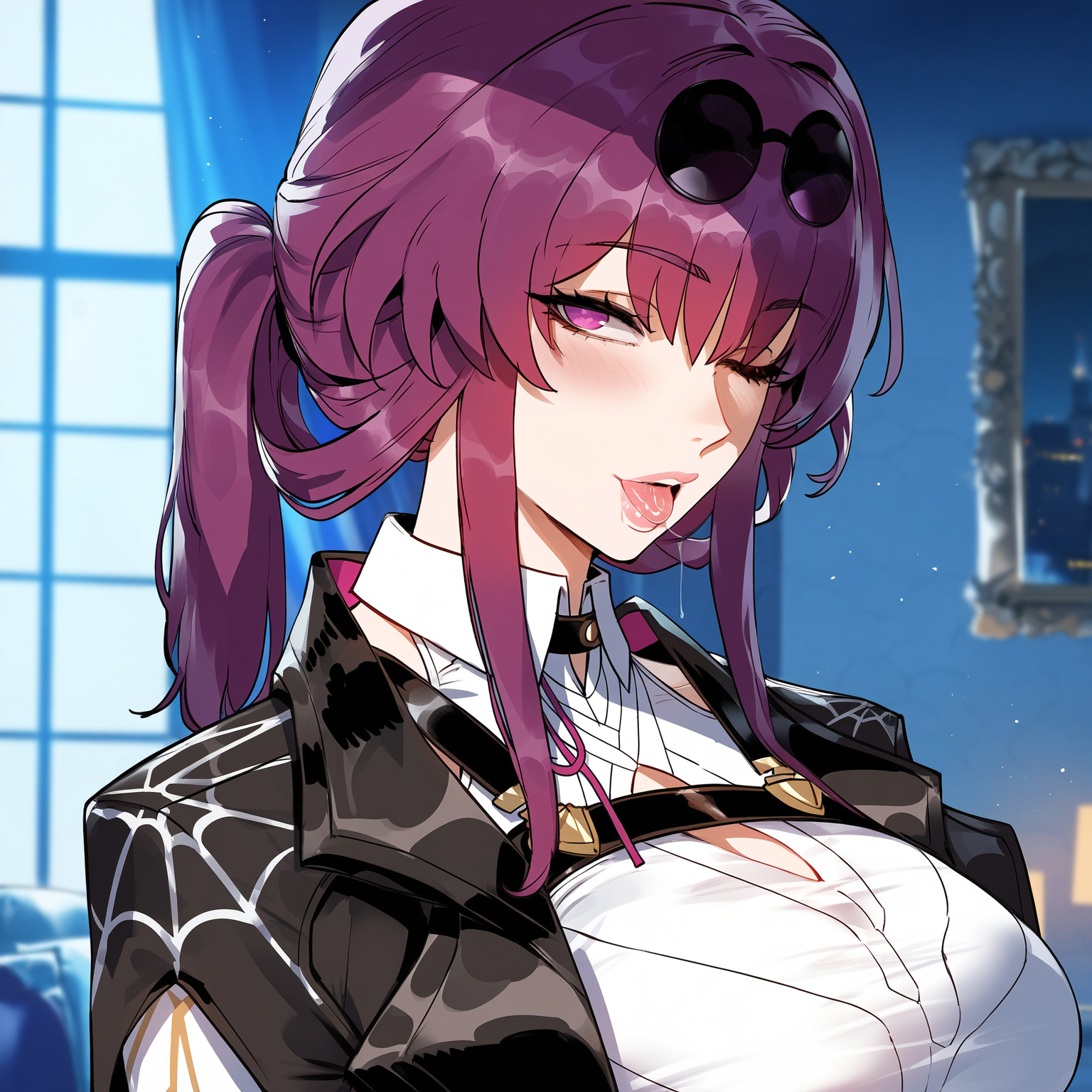 ai generated, breasts, cleavage cutout, creamy ai, curvy, female, honkai: star rail, jacket, kafka (honkai: star rail), large breasts, one eye closed, purple eyes, purple hair, saliva, shirt, tongue, tongue out, upper body, white shirt
