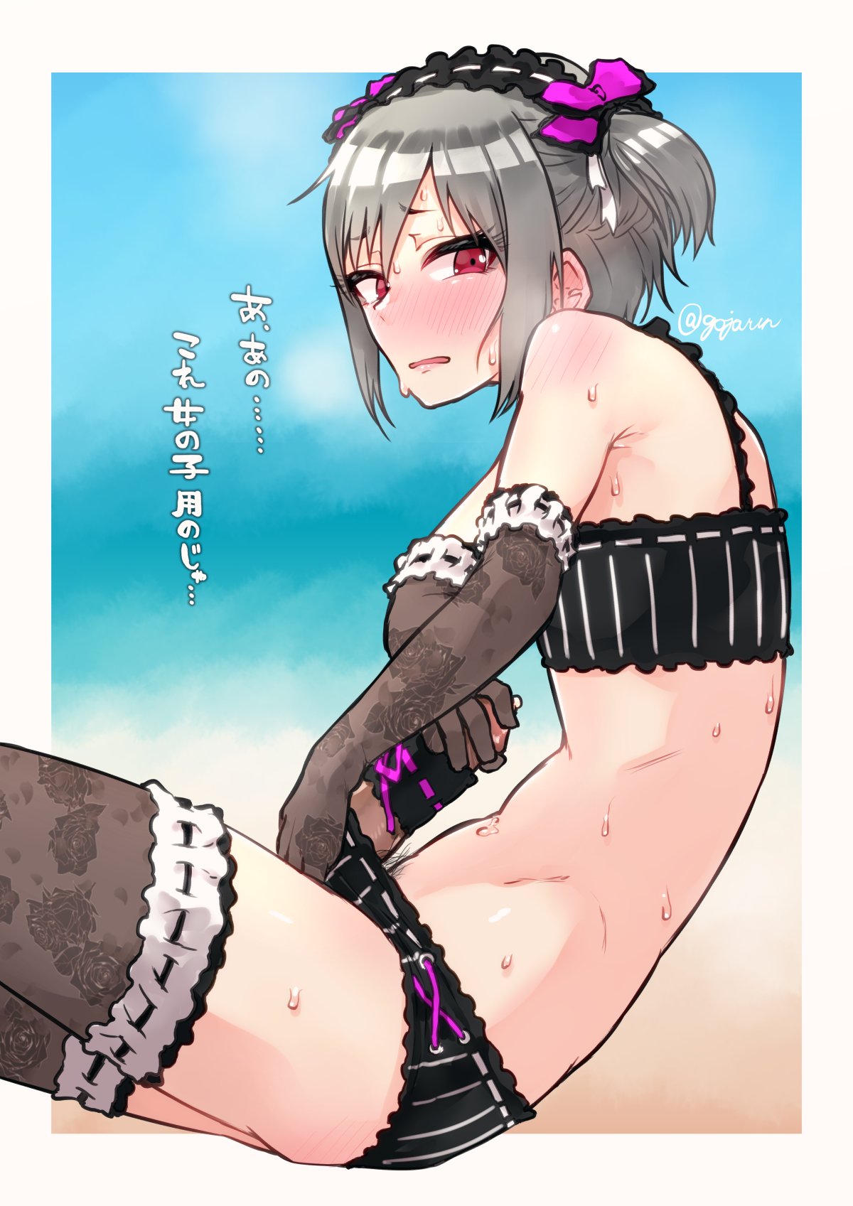 1boy blush bra crossdressing femboy femboysub genderswap_(ftm) gojarun grey_hair hair_ornament hair_ribbon highres idolmaster idolmaster_cinderella_girls japanese_text kanzaki_ranko looking_at_viewer male_pubic_hair panties precum pubic_hair red_eyes rule_63 solo solo_male submissive_male sweat swimsuit text thighhighs