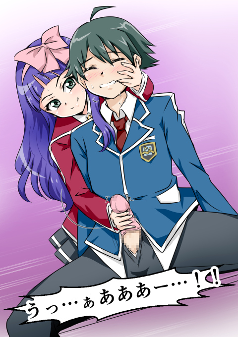 1boy black_hair blush bow chloe female green_eyes handjob japanese_text liam long_hair malesub panties precum purple_hair school_uniform short_hair skirt straight text uniform yu-gi-oh! yu-gi-oh!_duel_links