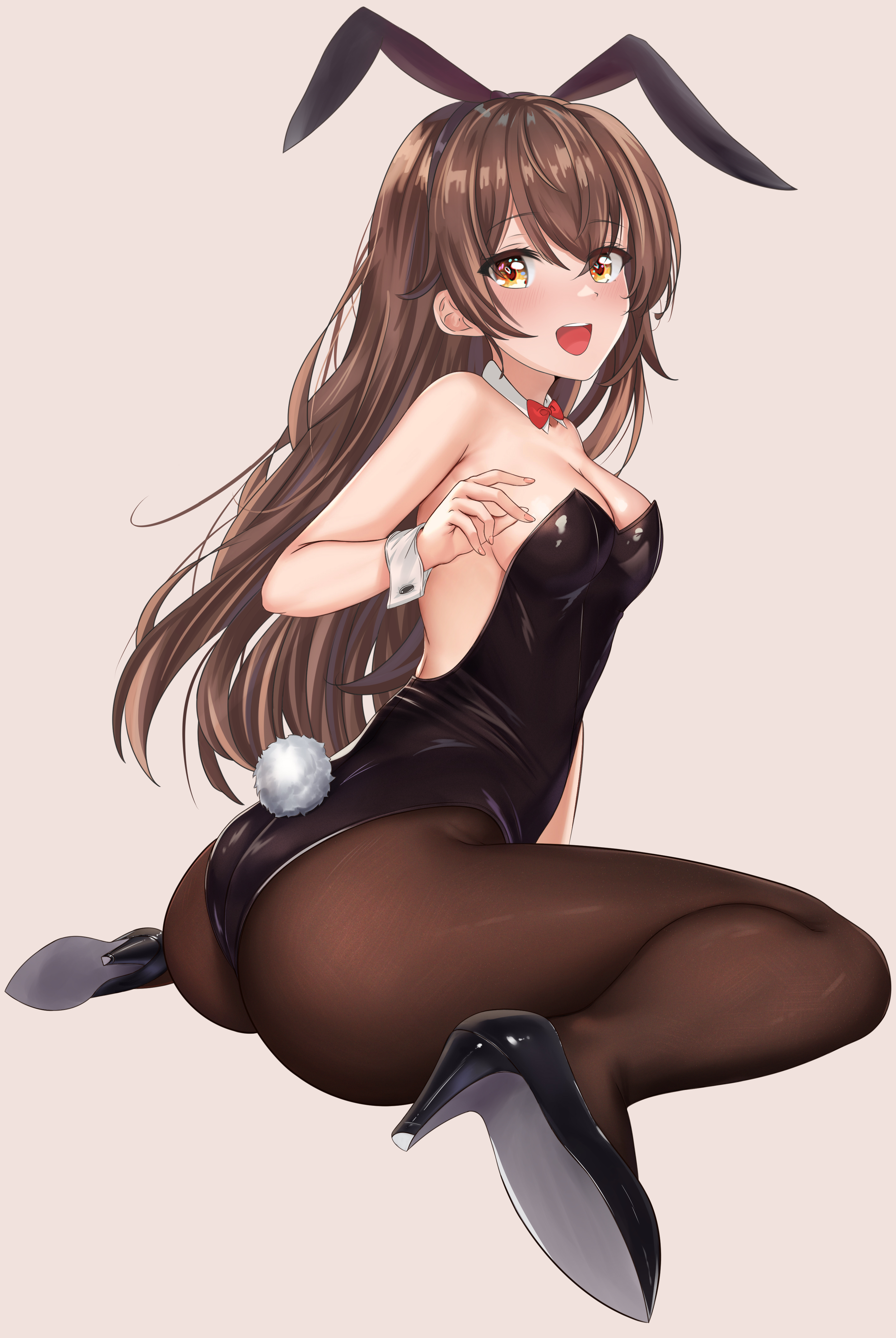 :d, absurdres, alternate version available, amber (genshin impact), animal ears, ass, black footwear, black leotard, black pantyhose, bow, bowtie, breasts, brown eyes, brown hair, cetta (cettadvd), detached collar, fake animal ears, female, fingernails, genshin impact, hair between eyes, high heels, highres, leotard, long hair, medium breasts, open mouth, pantyhose, playboy bunny, rabbit ears, rabbit tail, red bow, red bowtie, simple background, sitting, smile, solo, tail, wariza, wrist cuffs