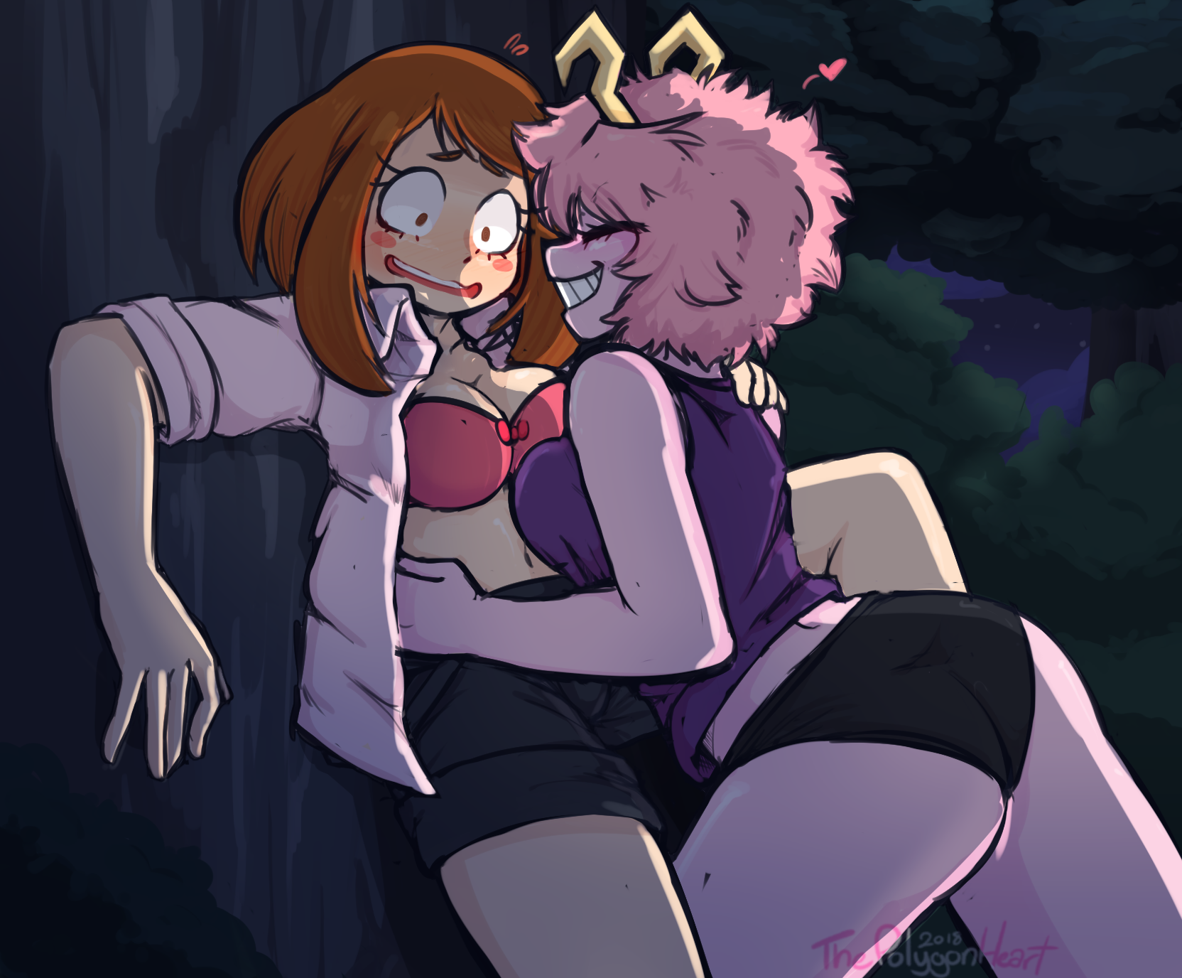 2018, 2girls, ass, blush, booty shorts, breasts, brown hair, brown-haired female, bubble ass, bubble butt, clothed, clothes, clothing, dress, duo, female, female only, flustered, forest, medium breasts, mina ashido, multiple females, multiple girls, my hero academia, ochako uraraka, open clothes, open mouth, outdoors, pink hair, pink skin, pink-haired female, polygonheart, seductive, short hair, shorts, smile, teenager, thepolygonheart, yuri