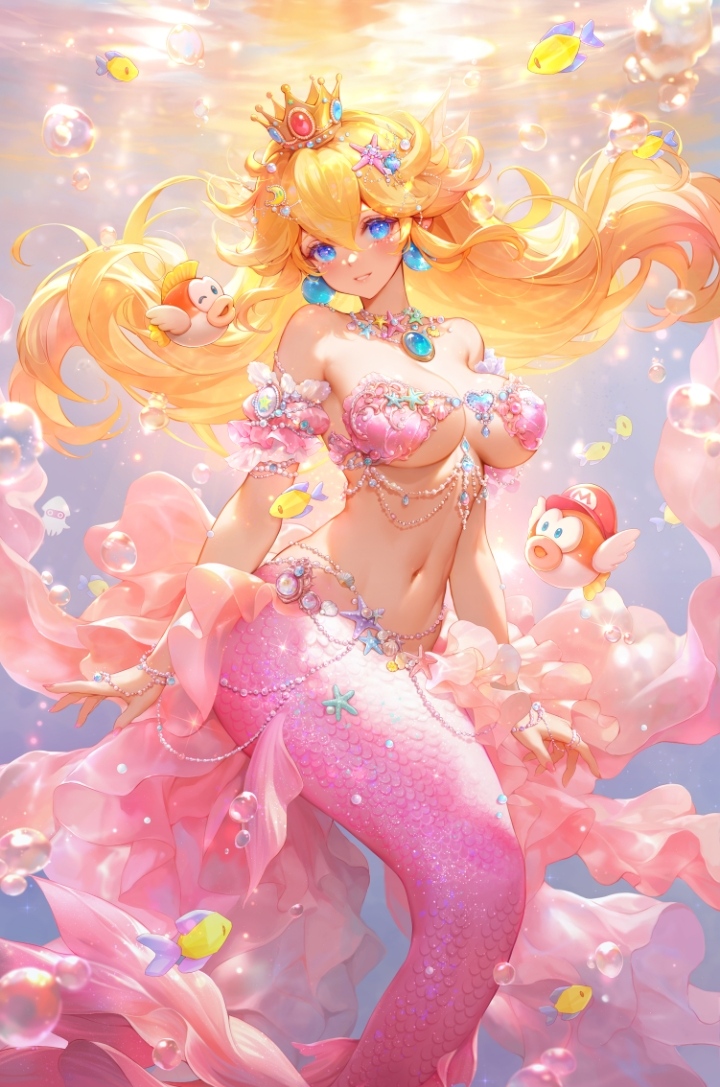 1girls 2024 big_breasts blonde_hair blooper blue_eyes breasts bubbles cheep_cheep cleavage crown female fish jewelry large_breasts light-skinned_female light_skin long_hair mario_(series) mario_hat mermaid mermaid_girl mermaid_tail mushroommirror navel nintendo pink_theme princess princess_peach smile solo solo_female strapless_bra super_mario_bros. underboob underwater video_game video_game_character video_games