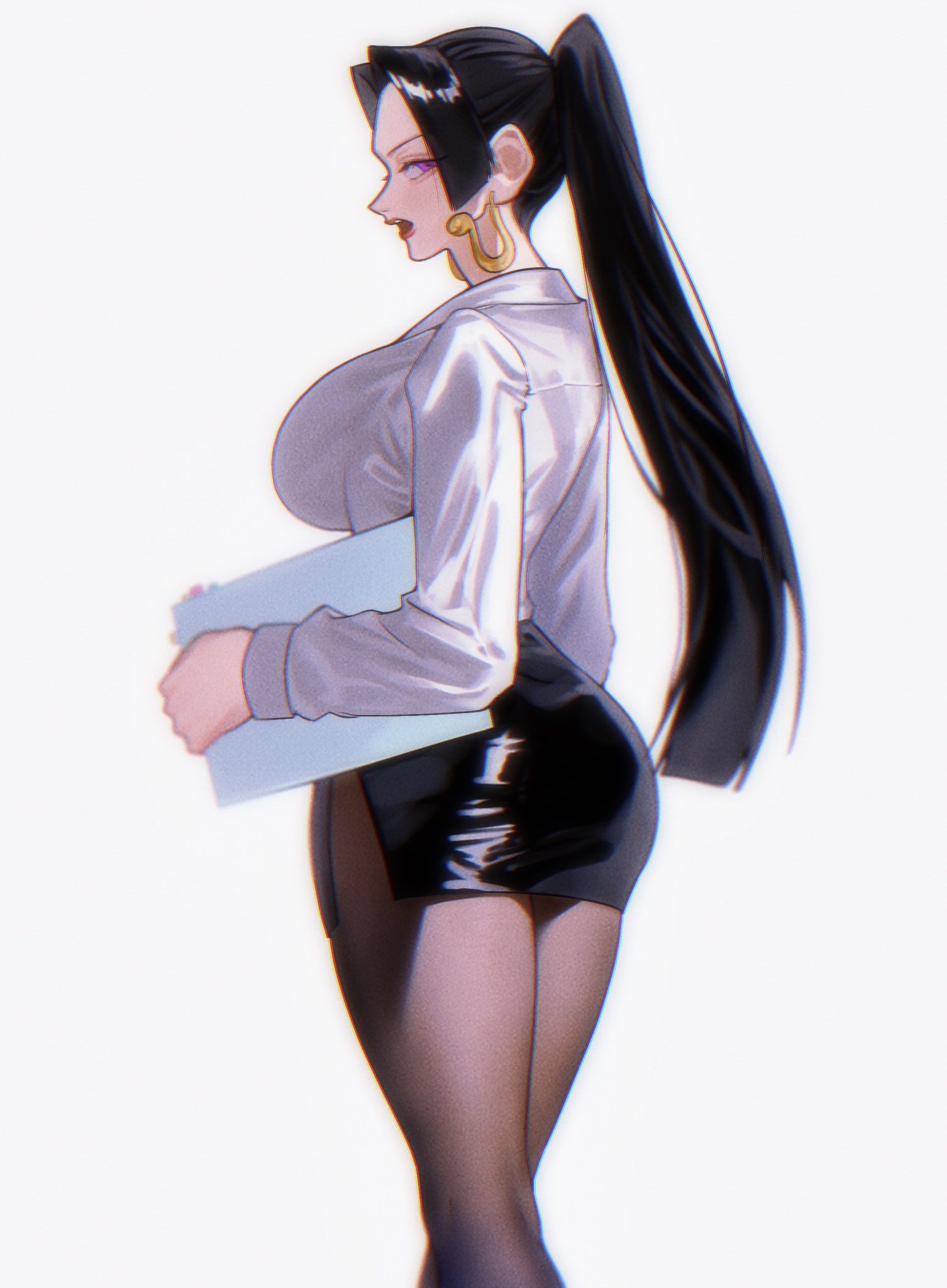 1girls, big breasts, black hair, black-haired female, boa hancock, breasts, clothed, clothing, color, female, female focus, female only, hi res, jewelry, large breasts, light skin, light-skinned female, long hair, looking at viewer, office clothing, office lady, one piece, ponytail, purple eyes, shounen jump, siokosho kinoko, solo, solo female, tagme, thick thighs