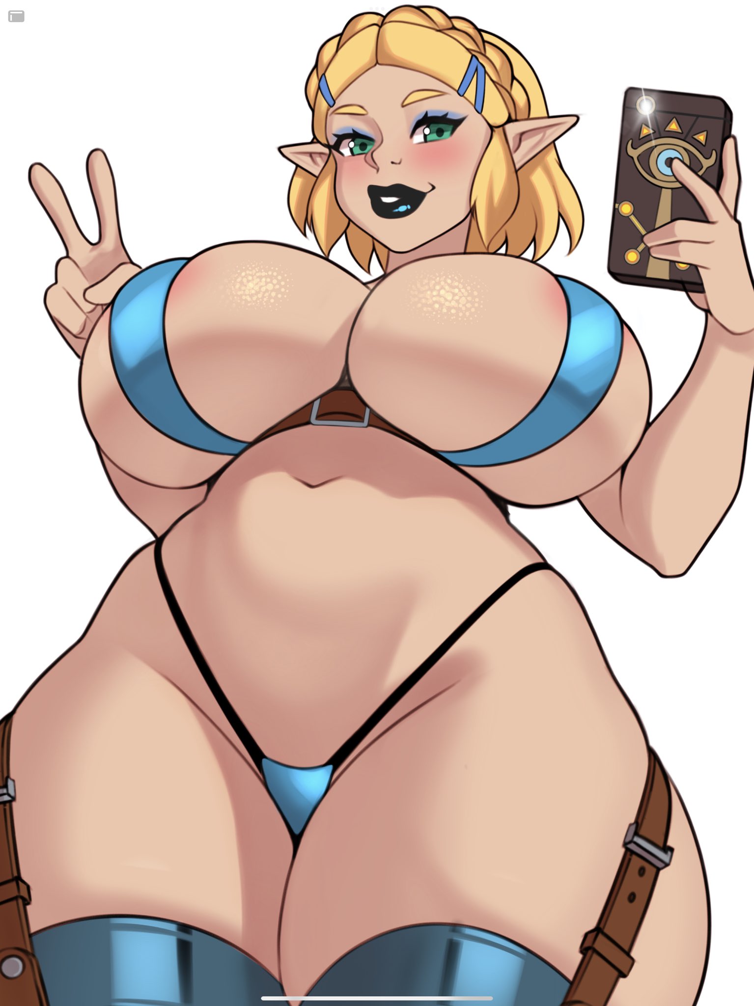 1girls, 2024, areola slip, big breasts, bikini, bimbo, black lipstick, blonde hair, blue bikini, blush, braided hair, breasts, cleavage, eyeshadow, female, female only, green eyes, hi res, jakuson z, lipstick, looking at viewer, makeup, micro bikini, nintendo, phone, pointy ears, princess zelda, revealing clothes, selfie, skimpy clothes, smiling, smiling at viewer, solo, tears of the kingdom, the legend of zelda, thick thighs, thighhighs, v sign, white background, zelda (tears of the kingdom)
