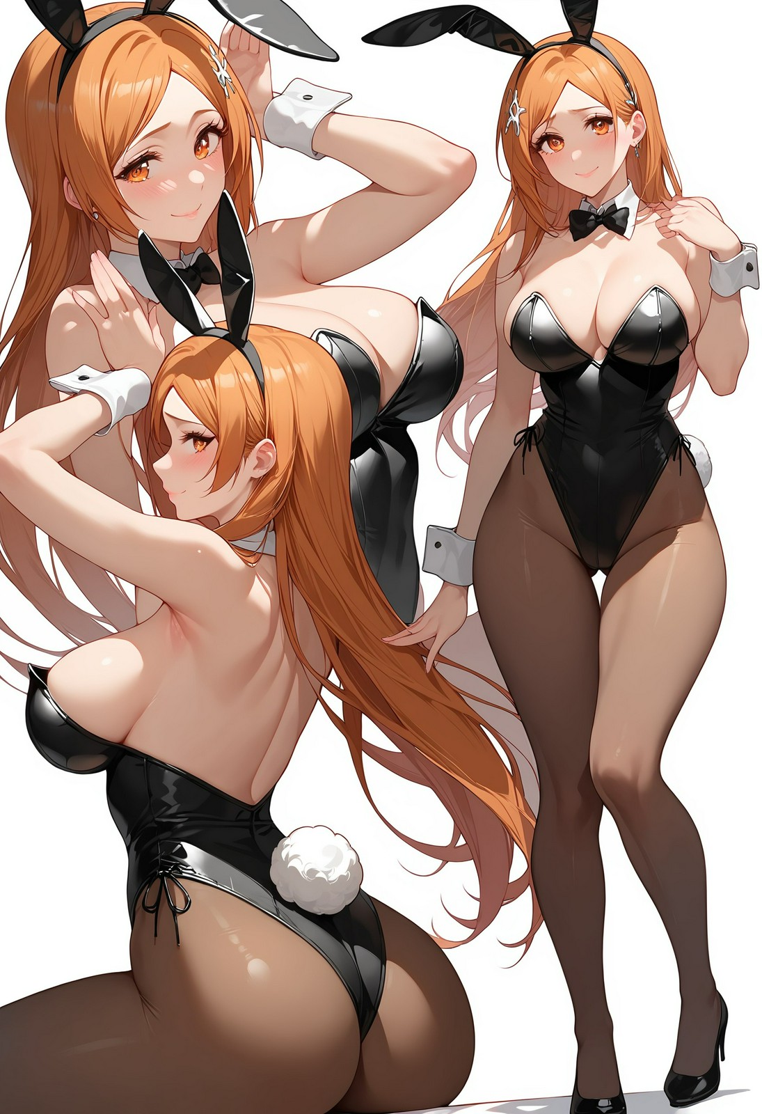 ai generated, ass, bleach, breasts, bunny costume, bunny ears, bunny girl, bunny tail, bunnysuit, female, female focus, full body, inoue orihime, long hair, orange hair