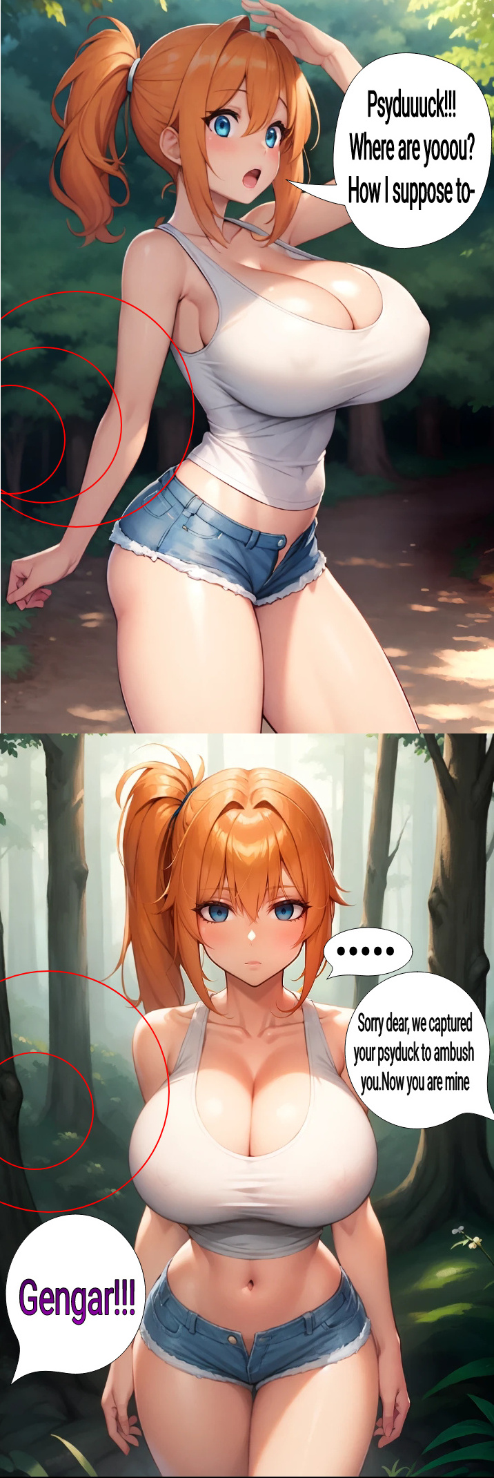 1girls, ai generated, alternate breast size, blue eyes, breasts, empty eyes, english text, expressionless, female, female only, forest, human, hypnosis, kasumi (pokemon), mind control, orange hair, pokemon, solo, standing at attention, text