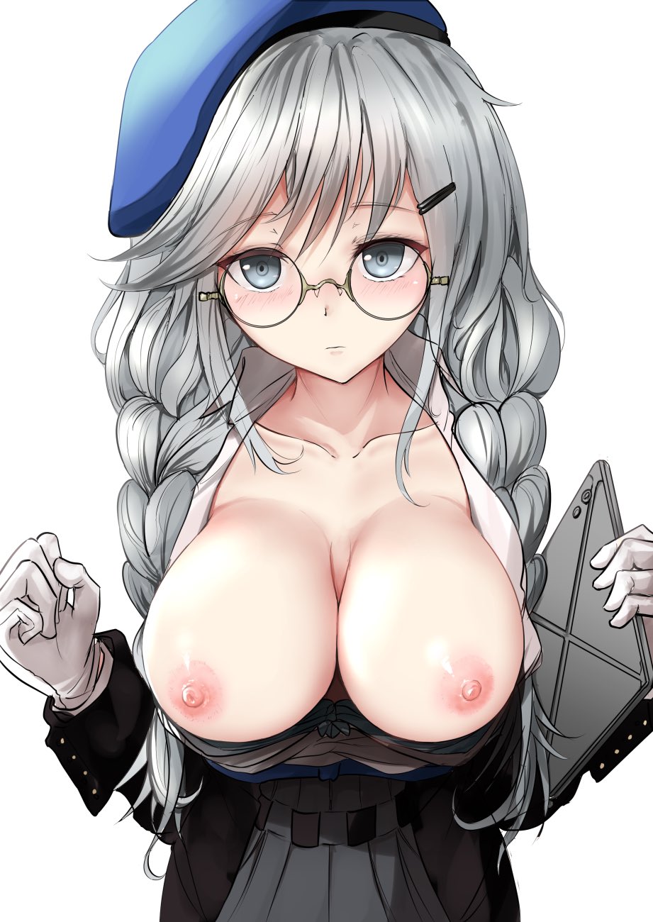 1girls, bangs, beret, black jacket, blue bra, blue eyes, blue headwear, blush, bow, bow bra, bra, bra pull, braid, breasts, breasts out, closed mouth, collarbone, collared shirt, commentary request, eyebrows visible through hair, female, female only, girls' frontline, glasses, gloves, grey skirt, hair between eyes, hair ornament, hairclip, hat, highres, holding, jacket, large breasts, long hair, long sleeves, looking at viewer, low twintails, nipples, open clothes, open shirt, pleated skirt, round eyewear, shirt, sier (girls' frontline), silver hair, simple background, skirt, solo, take (trude1945oneetyan), twin braids, twintails, underwear, white background, white gloves, white shirt