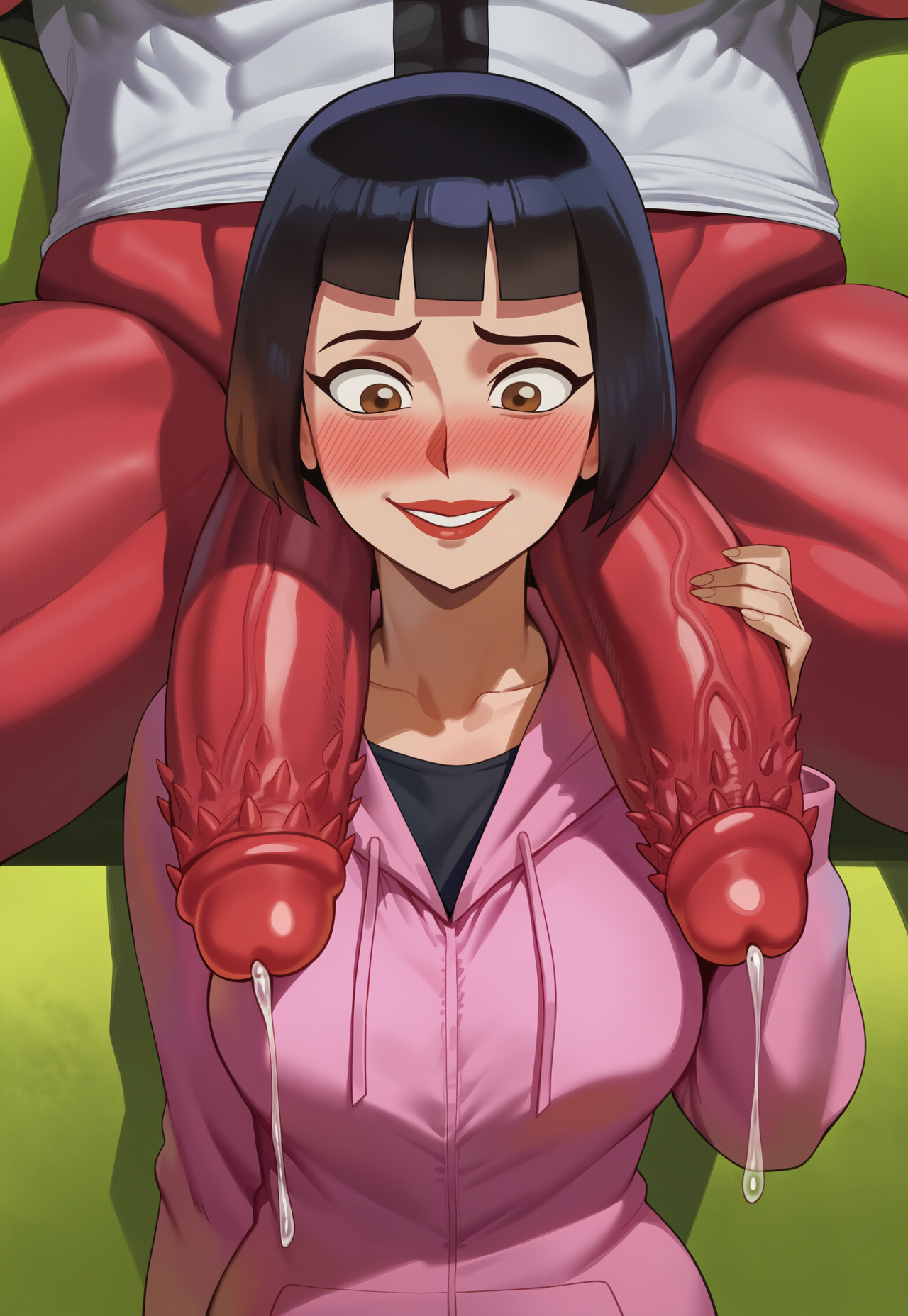 ai generated, alien, asian female, ben 10, ben tennyson, black hair, blush, brown eyes, couple, embarrassed, fourarms, hand on penis, height difference, hoodie, jagat ai, julie yamamoto, kneeling, large penis, lower body, multiple penises, muscular male, nervous, penis over shoulder, precum, red skin, short hair, sitting, size difference, smile, spiked penis, straight