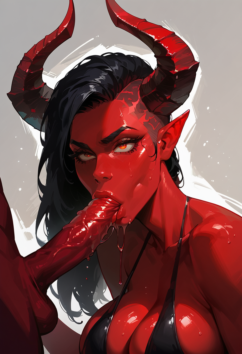 2demons ai_generated black_hair demon demon_boy demon_girl demon_horns demon_humanoid demoness demons female horns red_skin