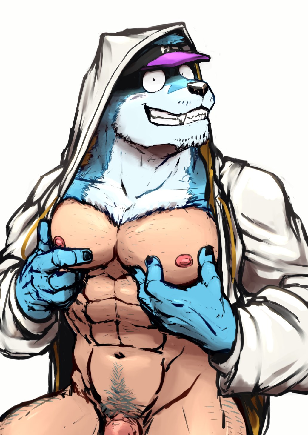 2018 abs animal_humanoid blue_fur canid canine canis clothing countershading domestic_dog fingernails fur grin hat headgear headwear hi_res humanoid looking_at_viewer male male_only mammal monapic_chang mostly_nude muscular muscular_male nails nipples open_hoodie pec_grasp pecs penis smile solo subaru_(monapic_chang) white_countershading