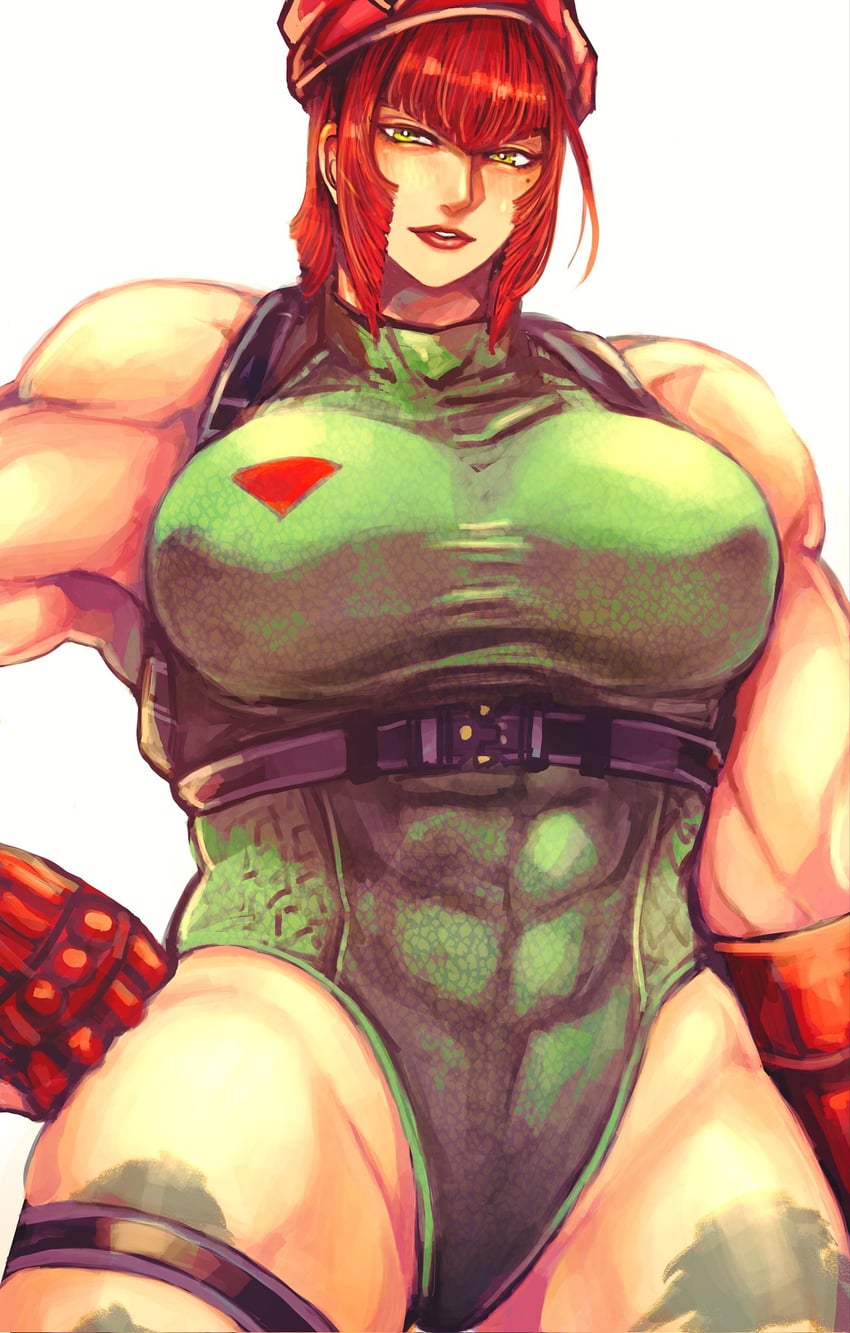 abs armored_gloves beret big_breasts bodypaint breasts cammy_white_(cosplay) camouflage chest_harness cosplay covered_abs covered_nipples cowboy_shot diagonal_bangs female gloves green_eyes hand_on_own_hip harness hat highres huge_breasts marisa_rossetti mole mole_under_eye muscular muscular_female red_gloves red_hair red_hat short_hair sidelocks solo street_fighter street_fighter_6 thick_thighs thigh_strap thighs white_background zmnjo1440