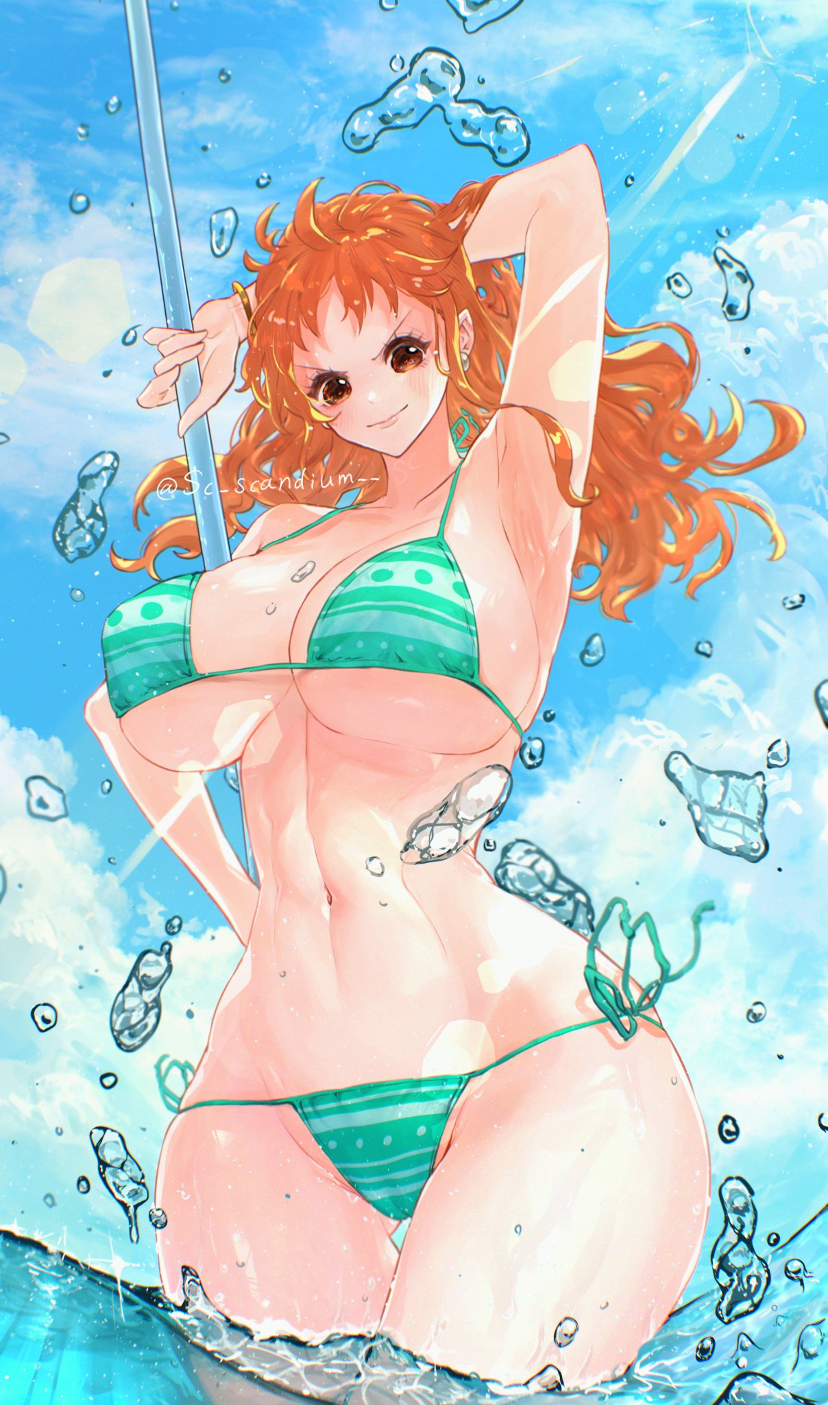 1girls, bare legs, bare shoulders, bare thighs, big breasts, bikini, bikini bottom, bikini top, blush, breasts, clothed, clothing, color, female, female focus, female only, hi res, hourglass figure, huge breasts, large breasts, light skin, light-skinned female, long hair, looking at viewer, nami (one piece), navel, one piece, orange eyes, orange hair, orange-haired female, post-timeskip, sc scandium, shounen jump, slim waist, solo, solo female, striped bikini, tagme, thick thighs, water, wet, wide hips