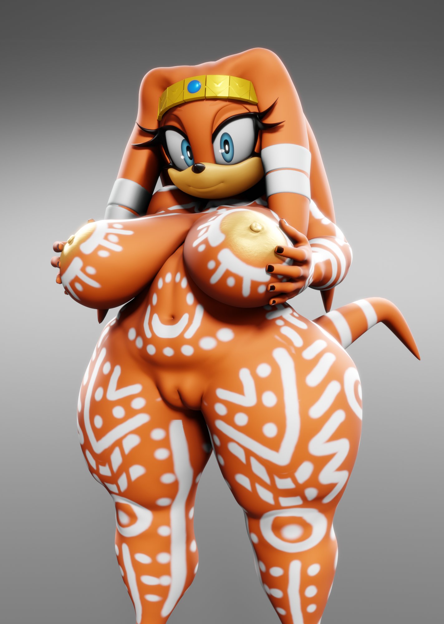 1female 3d 3d_model big_ass big_breasts blue_eyes body_paint echidna female_only furry furry_only headwear holding_breast markings mobian mobian_(species) mobian_echidna naked naked_female orange_skin sagging_breasts sega simple_background small_feet smile smiling smiling_at_viewer sonic_(series) sonic_adventure sonic_the_hedgehog_(series) tail tikal_the_echidna vulkyasha white_markings yellow_nipples