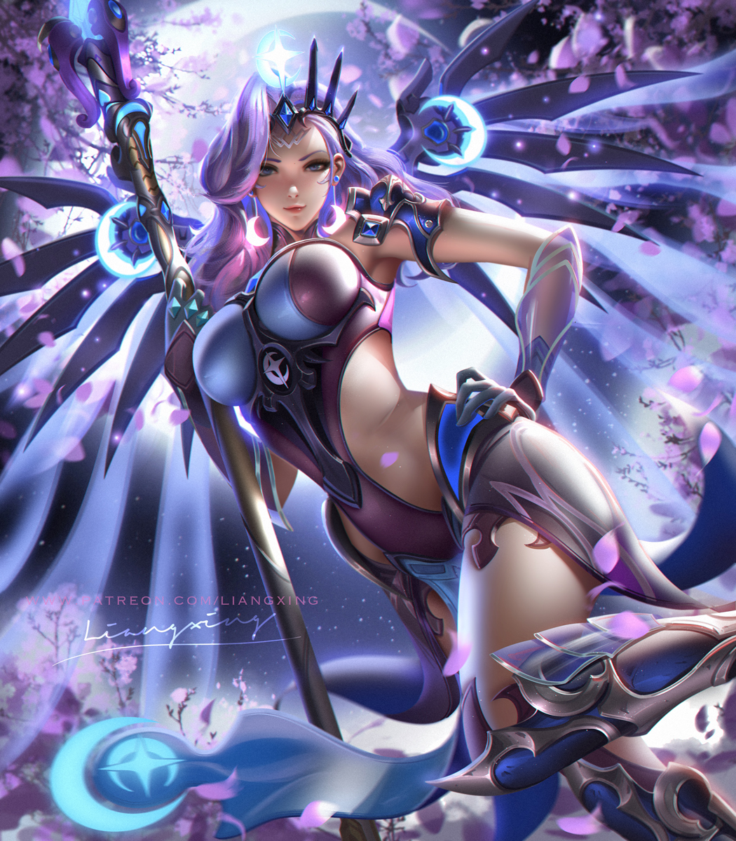1girls, alternate costume, atlantic mercy, big breasts, blue eyes, breasts, cleavage, female, female only, hand on hip, large breasts, leg armor, legwear, liang xing, looking at viewer, mercy, overwatch, overwatch 2, overwatch league, purple hair, solo, staff, wings