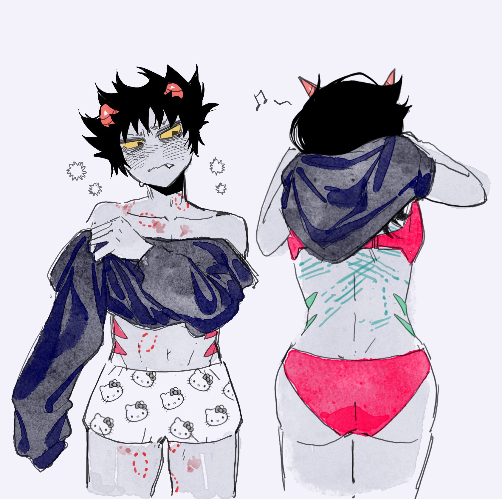 1boy, 1girls, after cuddling, after sex, alien, aloafofcake, bite mark, black hair, black-haired female, black-haired male, blush, colored skin, female, grey skin, grub scars, hello kitty, hello kitty (series), hickey, homestuck, homestuck troll, horn, horns, karkat vantas, male, medium hair, messy hair, partially clothed, sanrio, short hair, short-haired male, straight, terezi pyrope, troll, underwear
