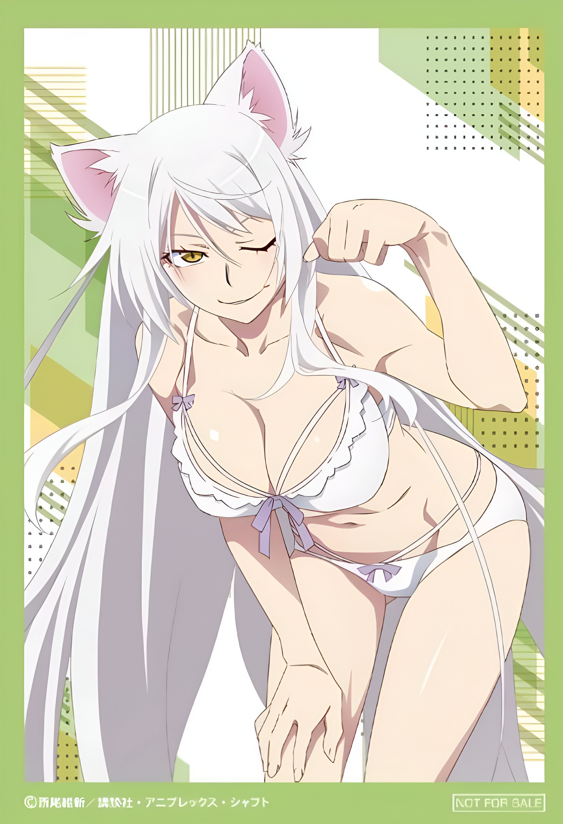 ass visible through thighs, bare arms, bare belly, bare legs, bare shoulders, bare thighs, belly button, big breasts, bikini, blush, breasts, cat ears, cat girl, catgirl, cleavage, collarbone, female, hand on own thigh, hanekawa tsubasa, long hair, monogatari (series), official art, one eye closed, parted lips, shiny skin, smile, thighs, white bikini, white hair, wink, yellow eyes