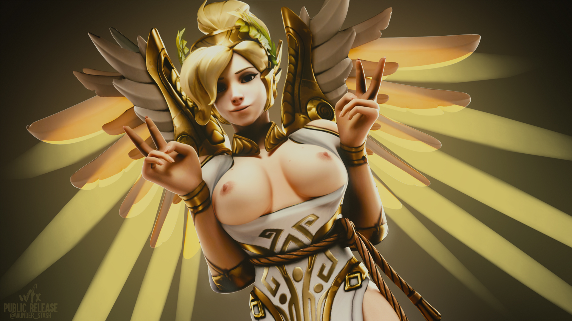 1girls, 3d, alternate costume, areolae, blender, blonde hair, breasts, double v, female, female only, looking at viewer, mercy, nipples, overwatch, solo, v, winged victory mercy