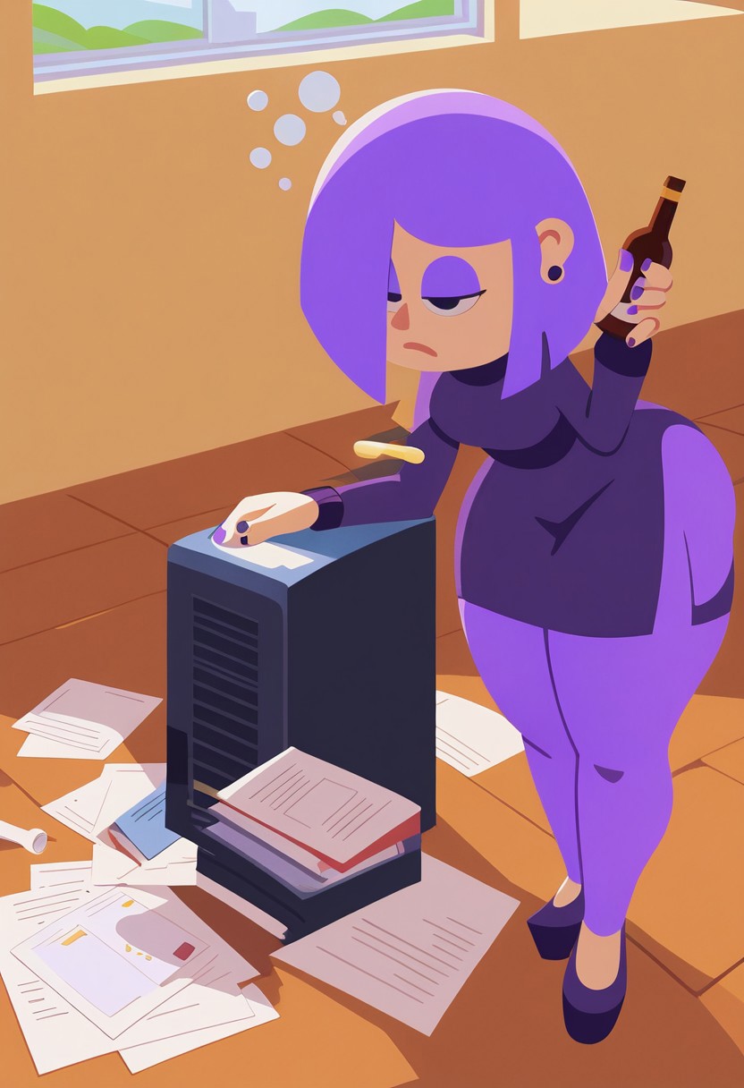 1girls, ai generated, bending forward, big breasts, breasts, clothing, curvaceous, curvy, curvy body, curvy female, curvy figure, duolingo, female, fully clothed, large breasts, legs, lily (duolingo), paper, purple hair, solo, standing, thick thighs, thighs, translated, voluptuous
