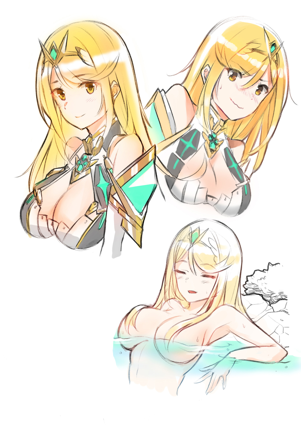 bangs bare_shoulders bathing blonde_hair blush breasts cawang cleavage cleavage_cutout closed_eyes female gem hair_ornament hair_over_breasts headpiece jewelry large_breasts long_hair mythra_(xenoblade) nervous nintendo nude open_eyes relaxing shoulder_armor shy smile solo swept_bangs tiara water wet xenoblade_(series) xenoblade_chronicles_2 yellow_eyes