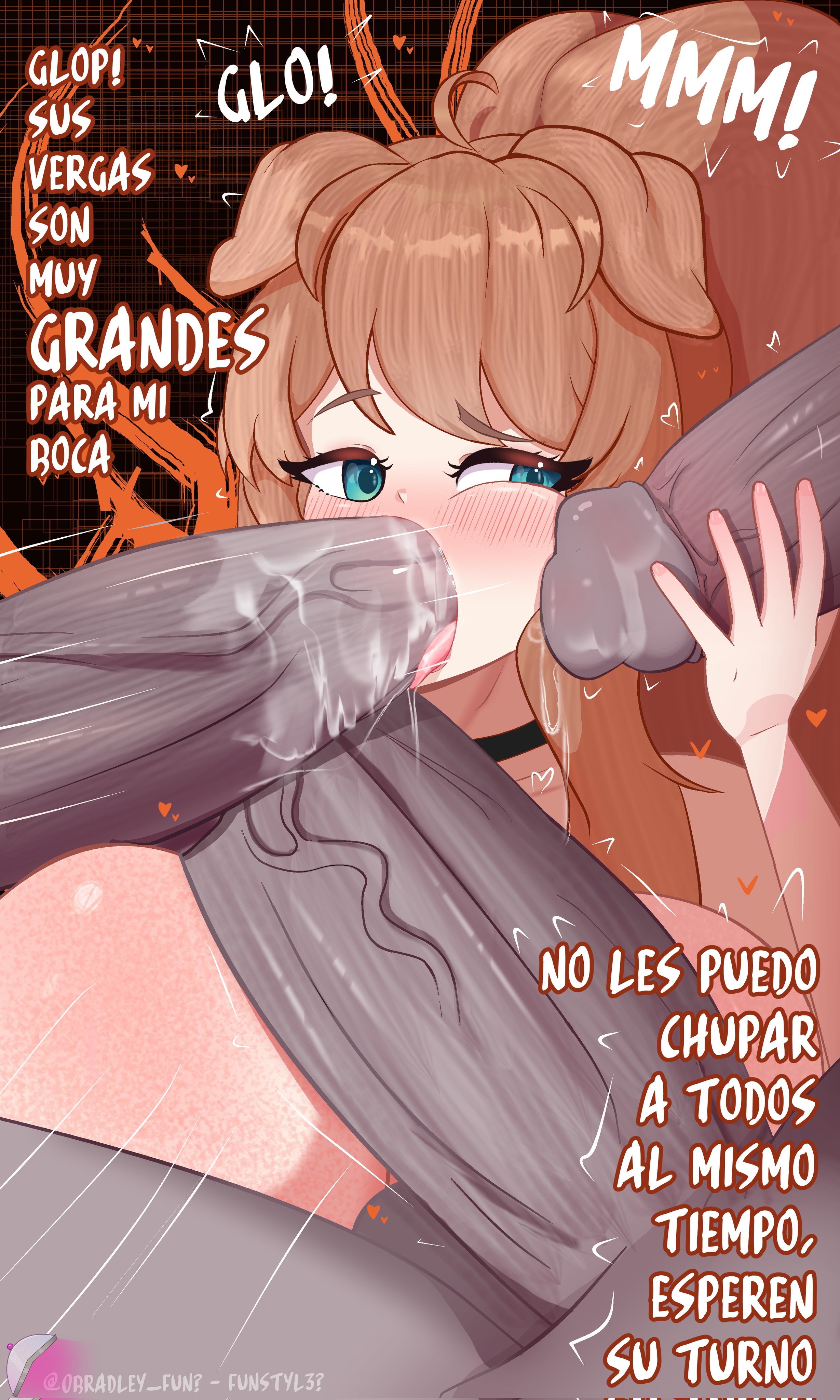 1girls, 3boys, bikini, blue eyes, bradleyfun?, breasts, brown hair, cum, cum in mouth, fellatio, female, green eyes, grey body, large breasts, latam virtual youtuber, light skin, light-skinned female, lilybell vt, looking at penis, male, multiple boys, multiple males, oneeshi, penis, penis in mouth, penis on face, spanish text, surrounded by penises, virtual youtuber, vtuber, vtuberfanart
