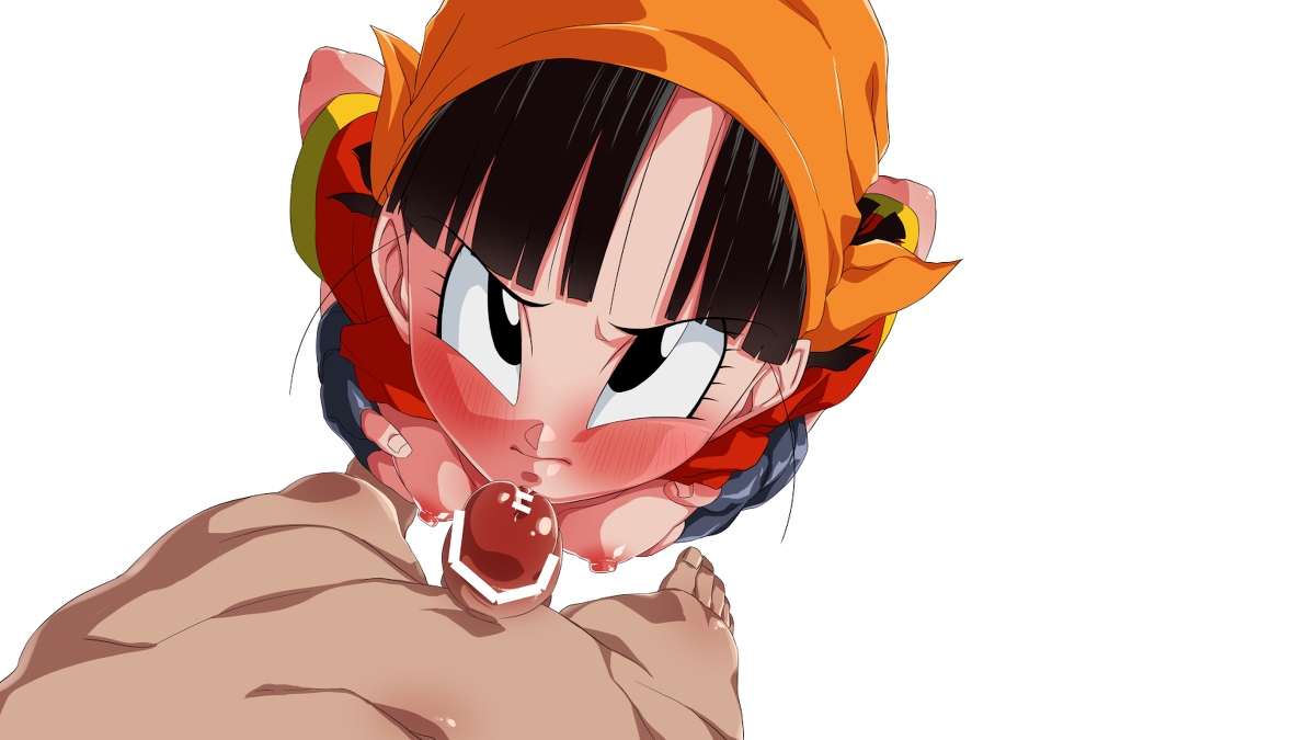 1boy, 1girls, aged up, big nipples, big penis, blush, breasts, dragon ball, dragon ball gt, female, male, male pov, paizuri, pan (dragon ball), penis, pov, rom, small breasts, teenager