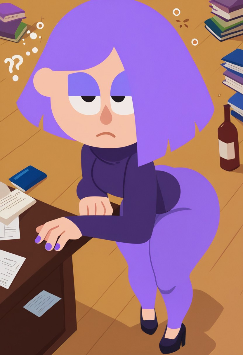 1girls, ai generated, alcohol, bending over, big breasts, breasts, closed mouth, curvaceous, curvy, curvy body, curvy female, curvy figure, duolingo, eyeshadow, female, frown, half-closed eyes, heels, huge thighs, indoors, large breasts, lily (duolingo), long sleeves, makeup, nail polish, purple hair, solo, solo female, thick thighs, thighs, thin waist, tight clothing, translated, voluptuous