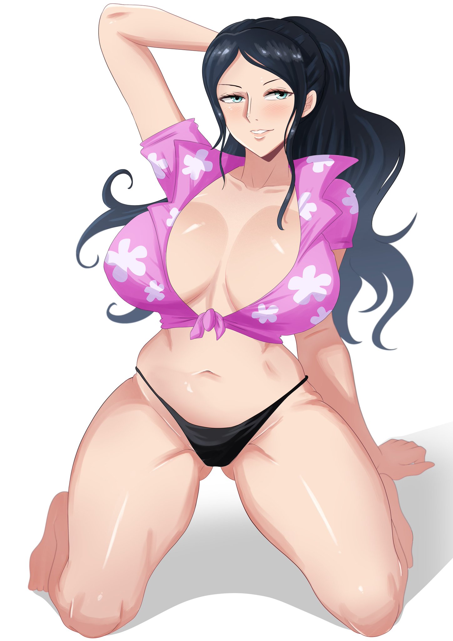 1girls, bare arms, bare legs, bare thighs, big breasts, bikini bottom, black hair, black-haired female, blue eyes, blush, breasts, clothed, clothing, color, female, female focus, female only, hi res, kneeling, large breasts, light skin, light-skinned female, long hair, looking at viewer, nico robin, no bra, on knees, one piece, phil96art, post-timeskip, shirt, shounen jump, solo, solo female, tagme, thick thighs
