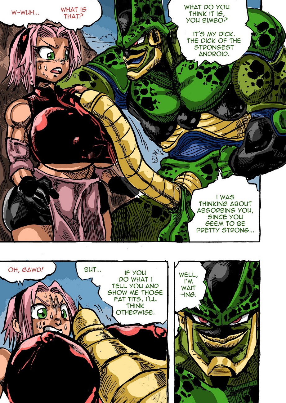 1boy, 1girls, ass, bbw, big ass, big breasts, big penis, bike shorts, breasts, bubble ass, bubble butt, busty, cell (dragon ball), clothing, comic, crossover, dialogue, doujin, doujinshi, dragon ball, dragon ball z, erection, female, forced, fully clothed, goudadunn, green eyes, green skin, highres, huge cock, human, interspecies, large breasts, large penis, male, naruto, naruto (series), naruto shippuden, nipple bulge, nipples, non-human rapist, paizuri, penis, penis on breast, penis on breasts, pink hair, rape, rape face, red eyes, sakura haruno, semi-perfect cell, short hair, short shorts, shorts, story, straight, text, titjob, voluptuous