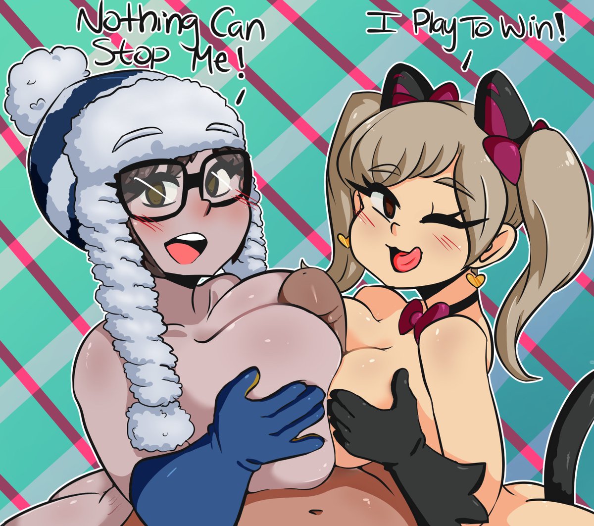 :3, 1boy, 2girls, alternate costume, areolae, big breasts, black cat d.va, blizzard entertainment, breast press, breast squeeze, breast to breast, breasts, brown eyes, brown hair, cat ears, cat tail, d.va, darkprincess04, double paizuri, ecopoint: antarctica mei, female, female focus, glasses, gloves, hat, highres, large breasts, male, mei (overwatch), overwatch, paizuri, penis, teamwork