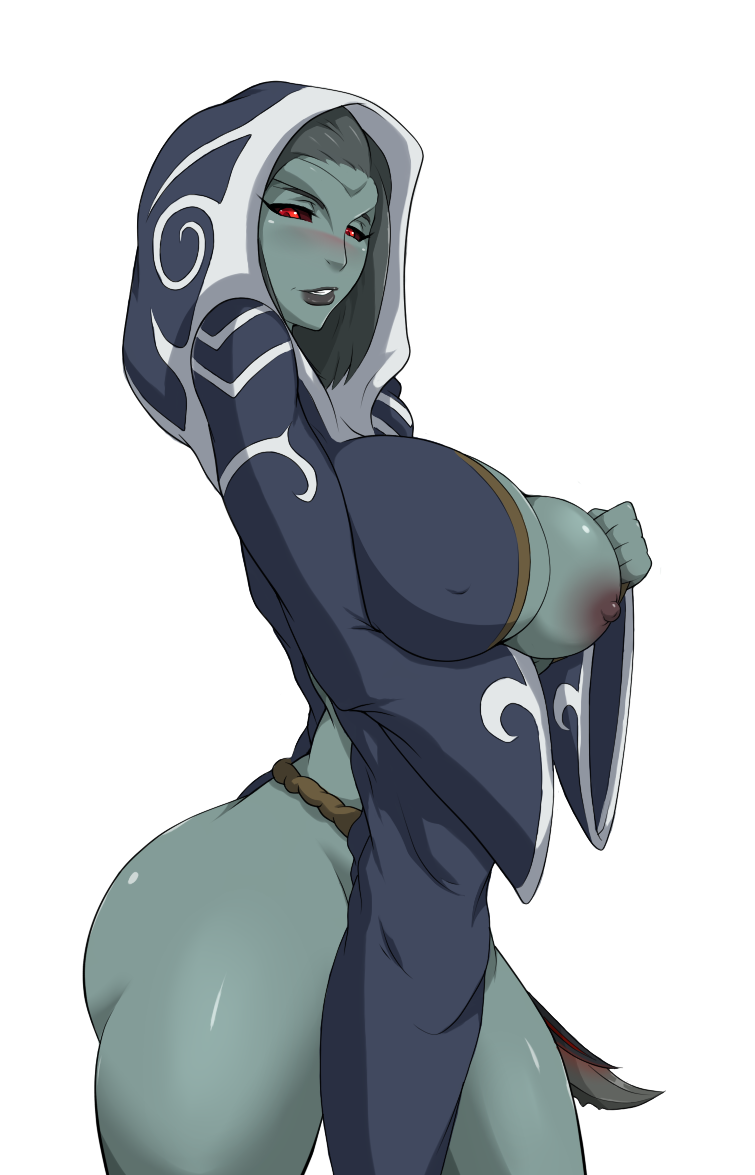 1girls areolae ass big_breasts breasts clothed clothing curvy dark-skinned_female dark_skin darkdragoon female female_only hood nipples one_breast_out red_eyes solo the_elder_scrolls thick_thighs wide_hips