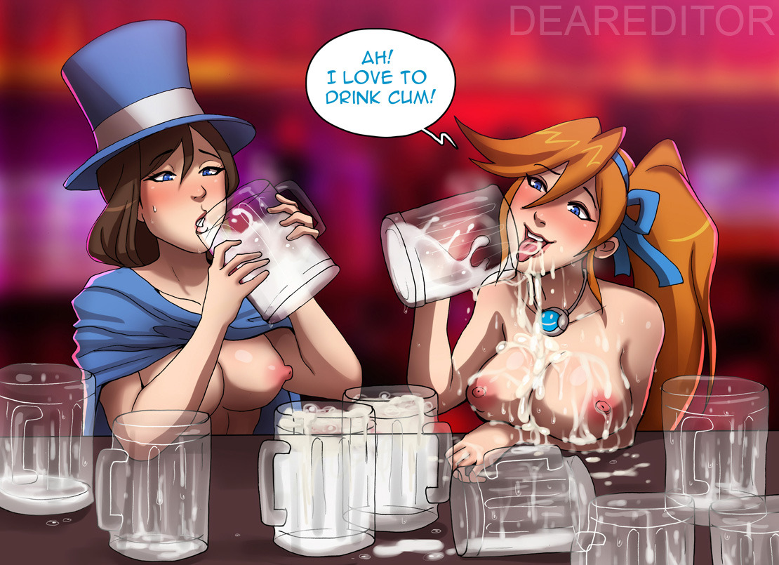 athena cykes, blue eyes, breasts, brown hair, cape, cum, cum drinking, cum in container, cum in glass, cum on breasts, cum on face, deareditor, female, gokkun, gyakuten saiban, hat, human, necklace, nude, orange hair, tied hair, tongue, tongue out, top hat, trucy wright