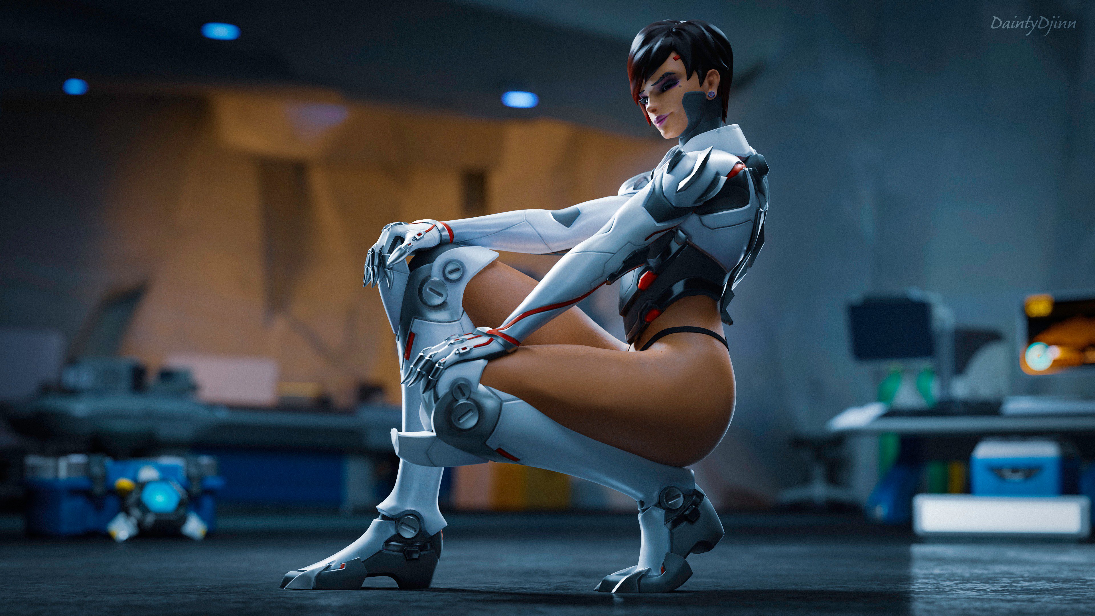 1girls, 3d, absurd res, absurdres, armor, ass, black hair, blender, blizzard entertainment, breasts, clothed, daintydjinn, dark skin, dark-skinned female, dyed hair, eyeshadow, female, focus, g-string, half-closed eyes, highres, latina, looking at viewer, makeup, no pants, overwatch, overwatch 2, overwatch archives, panties, short hair, sombra, squatting, talon sombra, video games, white clothing