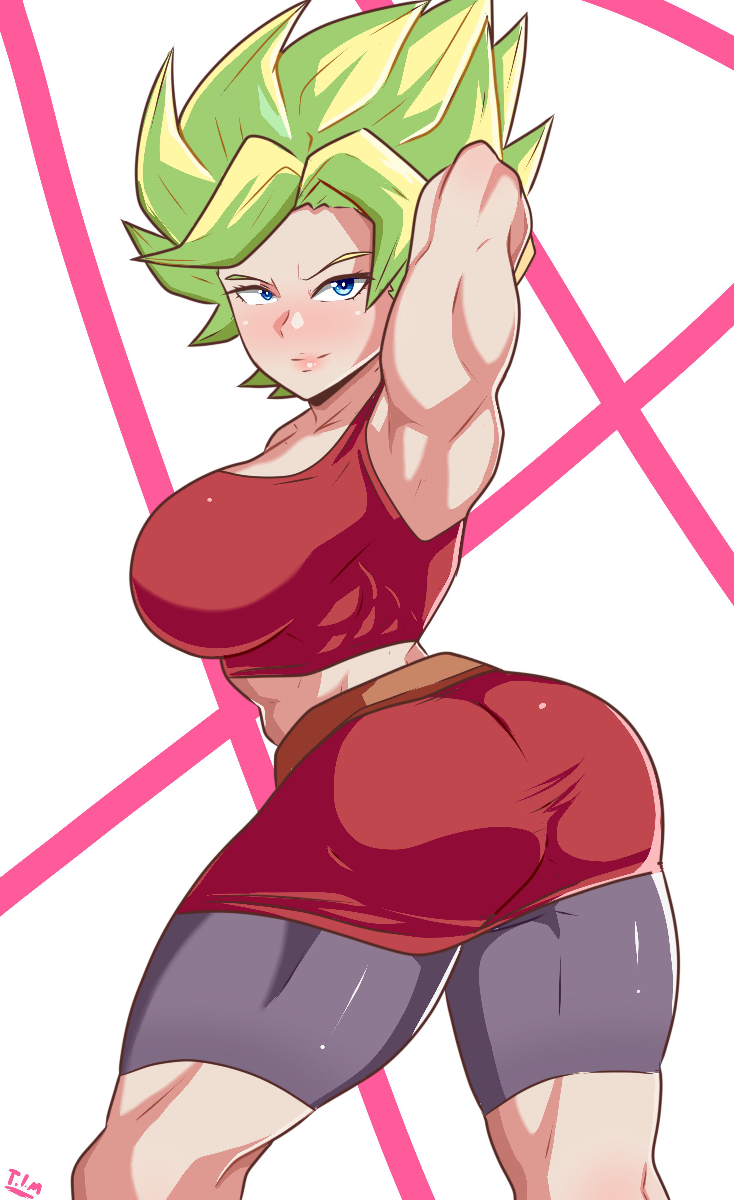 1girls, armpits, ass, big ass, big breasts, blue eyes, breasts, clothed, clothing, dragon ball, dragon ball super, female, female only, green hair, huge breasts, kale, kale (berserker), legendary super saiyan, light skin, light-skinned female, looking at viewer, muscles, muscular, muscular female, saiyan, shiny skin, short hair, solo, spiky hair, super saiyan, super saiyan 2