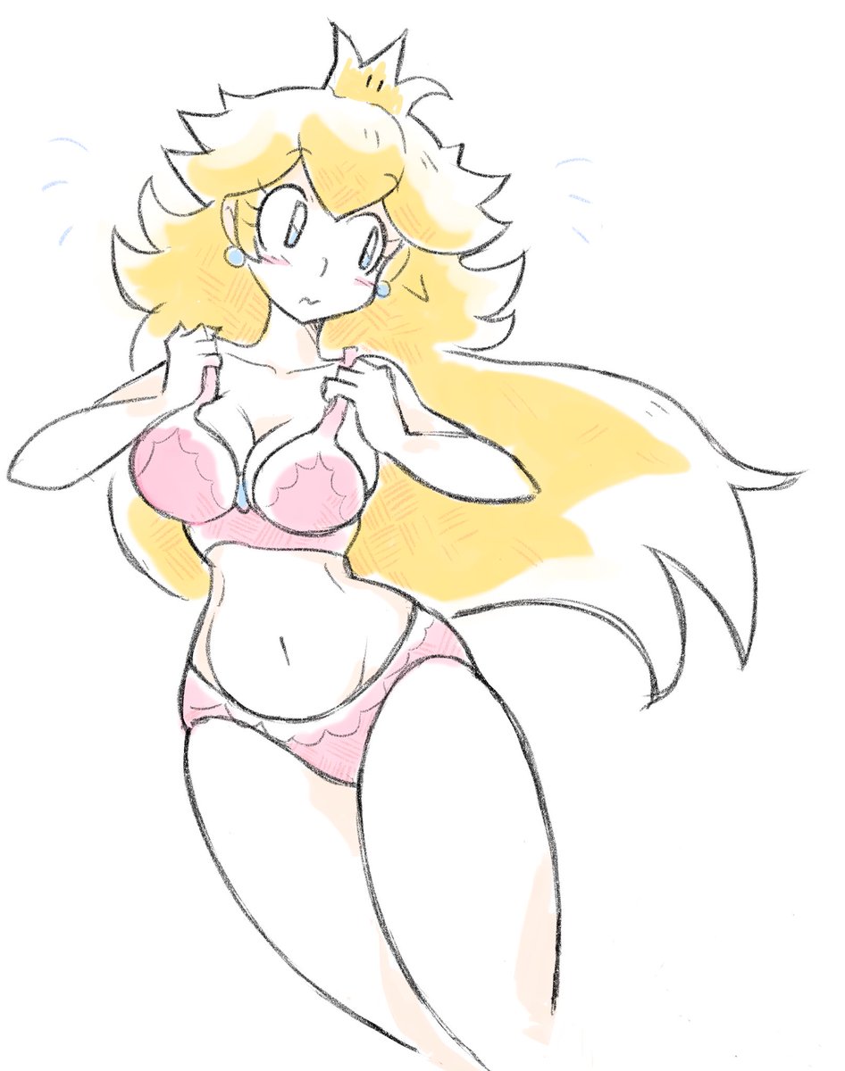 1girls, blonde hair, blue eyes, blush, bra, breasts, cleavage, crown, female, female only, long hair, looking away, mario (series), marytakkii, midriff, nintendo, panties, pink bra, pink panties, princess peach, simple background, solo, standing, thick, thighs, three-quarter portrait, underwear, underwear only, very long hair, white background
