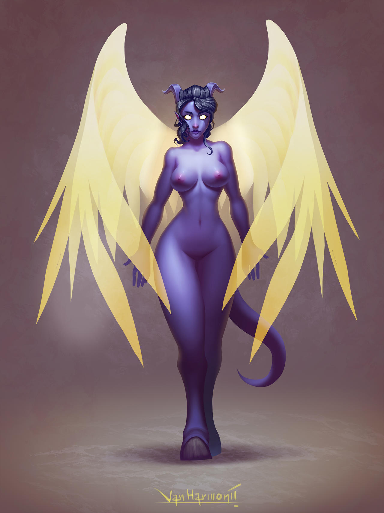 1girls areolae bangs blue_hair blue_lips blue_nipples blue_skin breasts breasts_apart collarbone curvy draenei female female_only full_body glowing_eyes glowing_wings highres hooves horns humanoid magic medium_breasts navel nipples nude paladin signature solo standing tail thick_thighs vanharmontt walking warcraft wide_hips wings world_of_warcraft