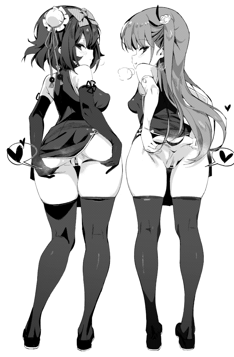 2girls :d :o ass_grab bangs blush bow breasts bun_cover china_dress chinese_clothes dress elbow_gloves eyebrows eyebrows_visible_through_hair flats flower gloves greyscale hair_flower hair_ornament hair_over_one_eye heart long_hair looking_at_viewer looking_back maid_headdress monochrome multiple_girls open_mouth original panties panties_removed pantyhose pelvic_curtain ribbon shoes short_hair simple_background skirt sleeveless smile standing takakura thighhighs thighs underwear vaginal_penetration white_background