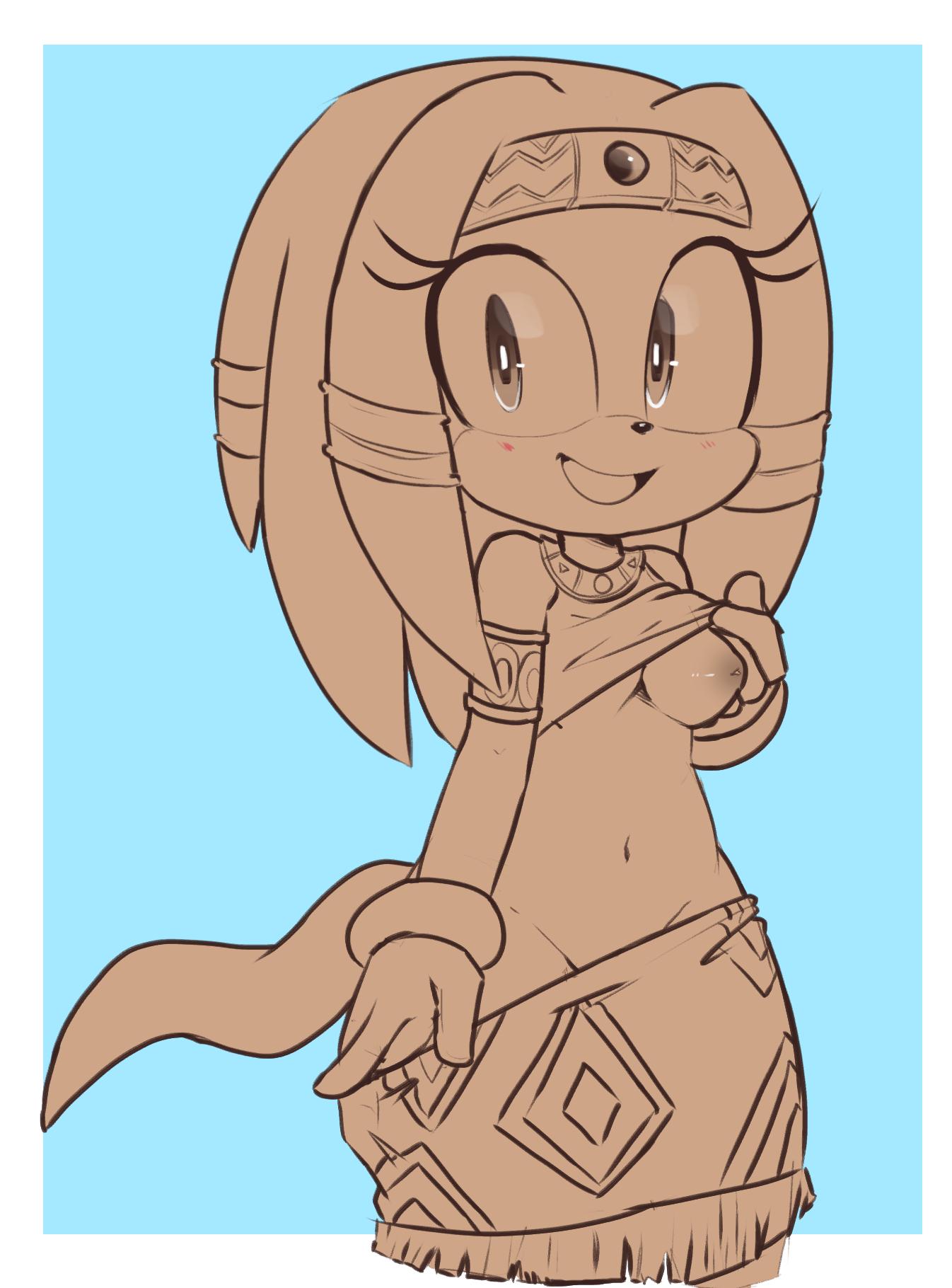 10s, 2019, anthro, areola, bottomwear, breasts, clothing, echidna, female, furry, gloves, hearlesssoul, hi res, mammal, midriff, monotreme, navel, nipples, one breast out, sega, simple background, skirt, smile, solo, sonic (series), sonic adventure, sonic the hedgehog (series), tail, tikal the echidna, undressing