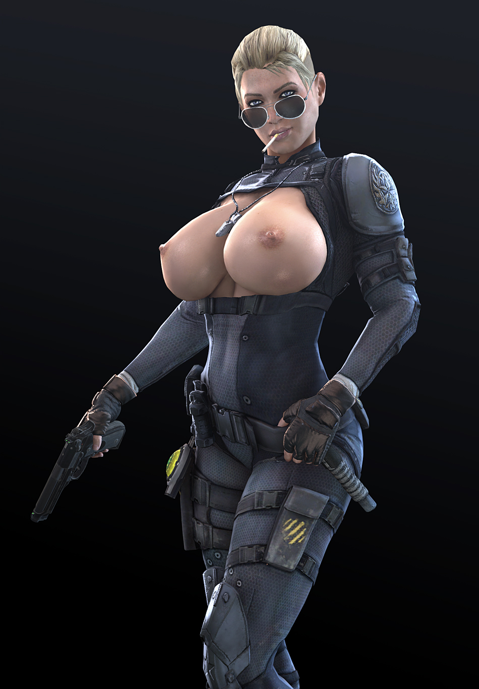 1girls, 3d, areolae, aviator sunglasses, batesz, big breasts, blonde hair, breasts, breasts out, cassie cage, cigarette, clothed, dog tags, female, female only, large breasts, looking at viewer, looking over eyewear, looking over glasses, mortal kombat, mortal kombat x, nipples, nude, smoking, solo, source filmmaker, sunglasses, tinted eyewear, uncensored, wide hips