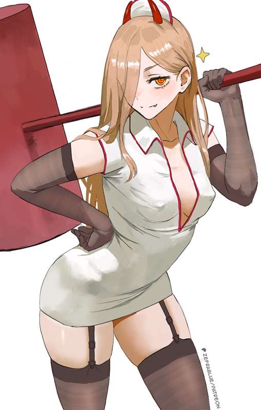 1girls, blonde hair, chainsaw man, cleavage, dress, female, female only, gloves, hair, hammer, horns, light skin, light-skinned female, long hair, minidress, nurse, nurse cap, nurse uniform, orange eyes, power (chainsaw man), short dress, simple background, small breasts, solo, solo female, thighhighs, uniform, white hair, zefra bleu