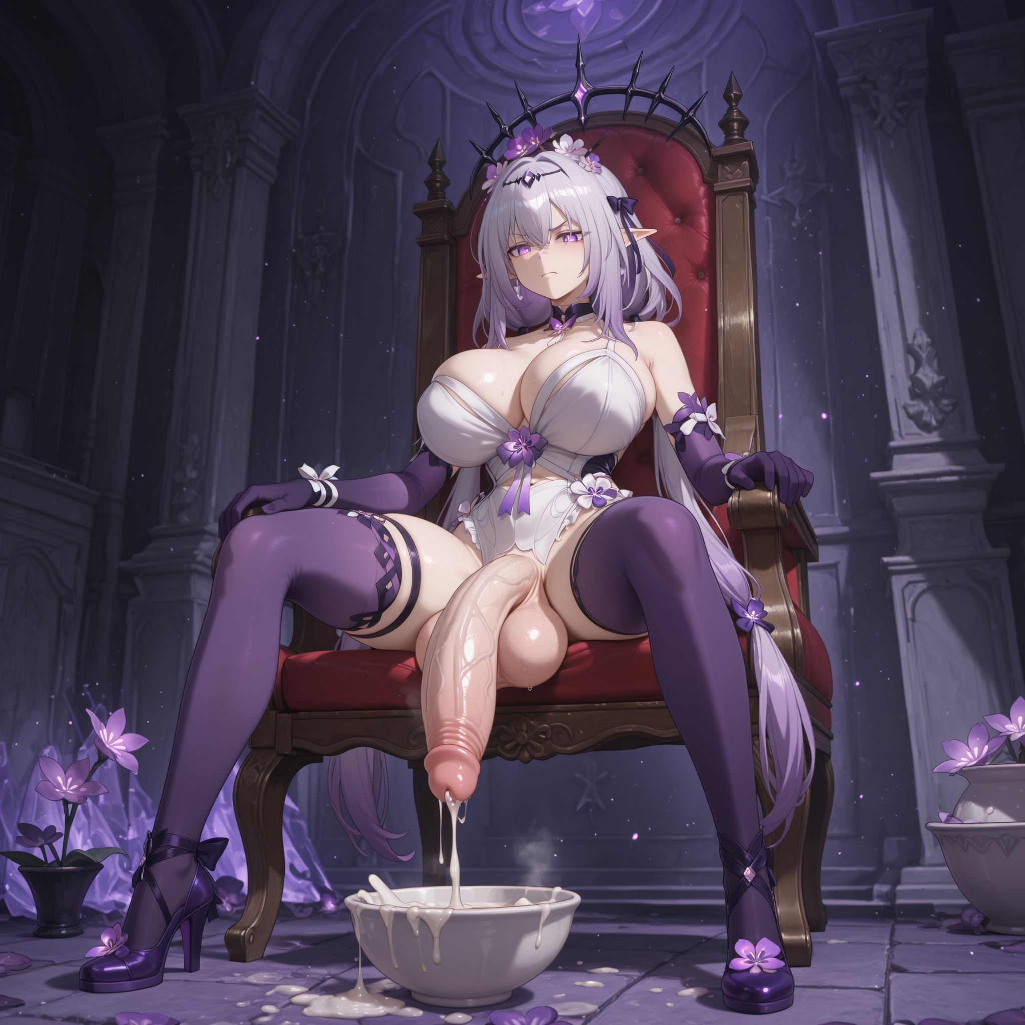 ai generated, castorice (honkai: star rail), cum, dog bowl, futanari, huge cock, shennru, tagme