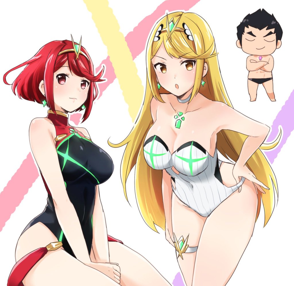 1boy 2girls bangs bare_shoulders black_swimsuit blonde_hair breasts chibi cleavage cleavage_cutout closed_eyes clothed competition_swimsuit covered_navel earrings female gem headpiece jewelry large_breasts long_hair looking_at_viewer madanai_(morisumeshi) male malos_(xenoblade) multiple_girls mythra navel nintendo one-piece_swimsuit open_mouth pyra red_eyes red_hair short_hair simple_background smile swept_bangs swimsuit thick_thighs tiara wide_hips xenoblade_(series) xenoblade_chronicles_2 yellow_eyes